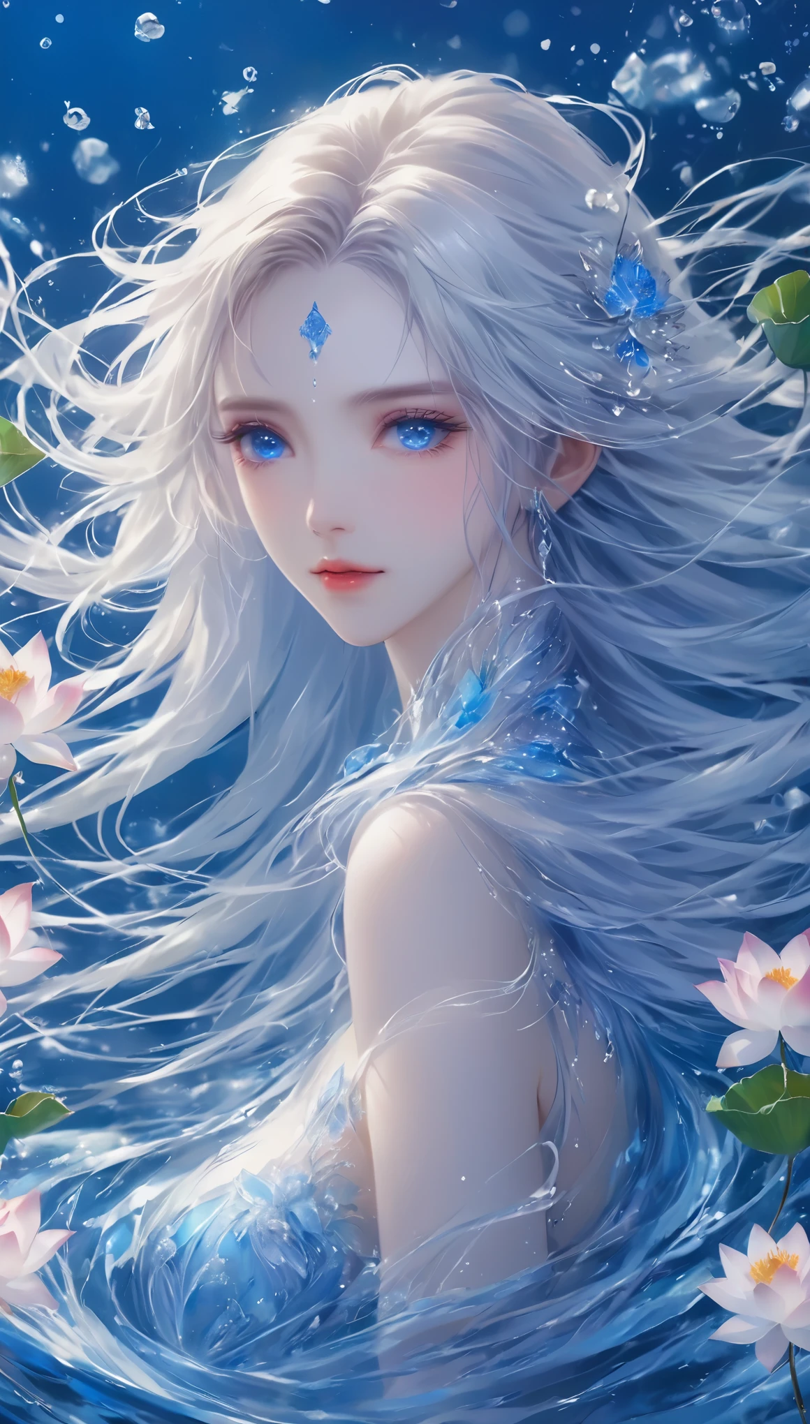 Seven part photos, masterpiece, best quality, Official Art, Extremely detailed CG 8k wallpaper,(Flying petals)(Detailed ice) , water晶质感皮肤, Cold expression, White hair, Long hair, Messy hair, blue eyes, Looking at the audience, Extremely refined, water, ((Beautiful and delicate eyes)), Very detailed, light,((Pretty Face),fine water surface, (Original figure painting), Very detailed, Very detailed, (Extremely refined), Beautiful and delicate eyes,