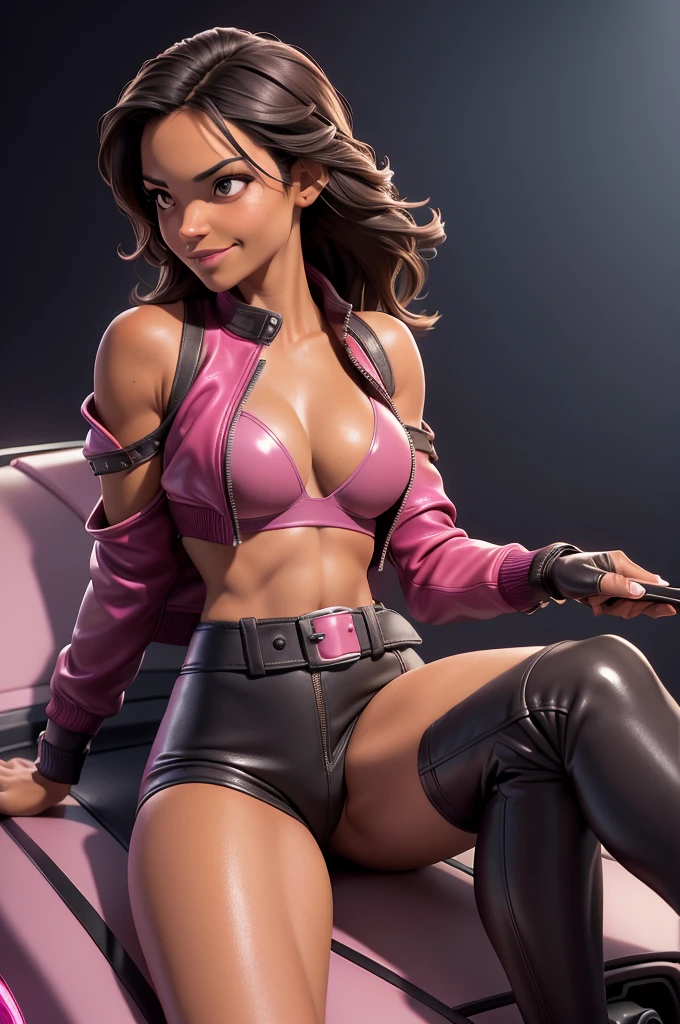 obra prima, melhor qualidade, ((only one woman,)) ((michelle rodriguez, dark tan skin,)) looking over shoulder at me, big grin with dimples, ((wearing magenta coarse grain leather minidress, leather bomber jacket, jacket has padded shoulders, jacket has stiff high collar,)) (((long tits, shiny leather bullet bra, erect nipples under leather,))) body is very very skinny, skinny tight ass, ((sitting in luxury convertible car, arched shoulders, legs spread,)) (camera view above waist, back view of body,) shallow depth of field, highres, HD, 8k, anatomically correct