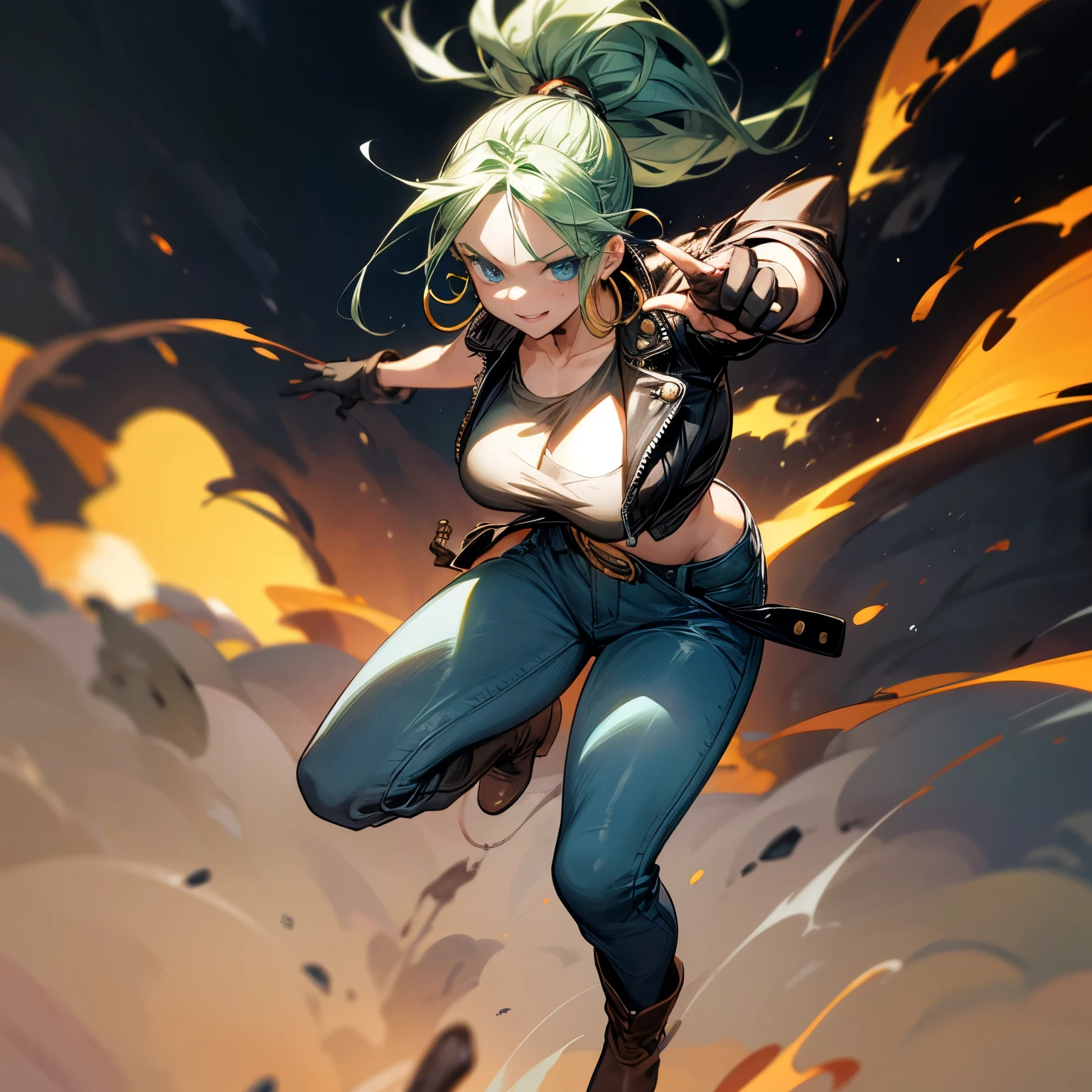 Solo character, young girl, full body version, blue eyes, green hair, long Curly hairstyle, ponytail, black t-shirt, brown leather jacket, long jeans, white boots, gloves, big breasts, Grassroots, background in street city, evening day, (one piece style art), standing battle gesture, handgun in hand, smoke effect, fire effect, blood on background, happy eyes, Hoop earrings 