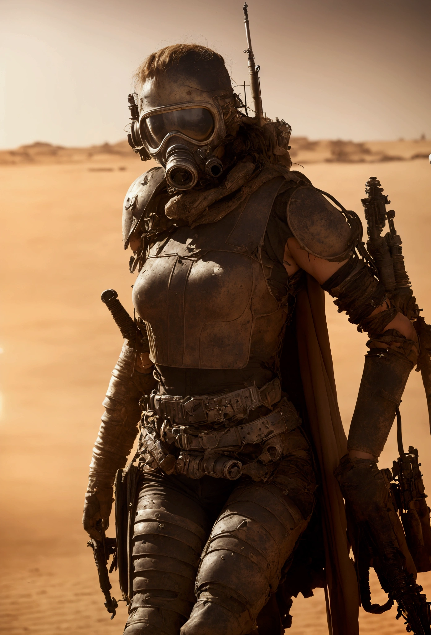 ((best quality)), ((​masterpiece)), (detailed), Dystopian Australian Wasteland, Mad Max , desert, 1 Figure, Sexy woman, Heavy Body Armour,, in worn out damaged clothes, sunglasses, gas mask, motorcycle.