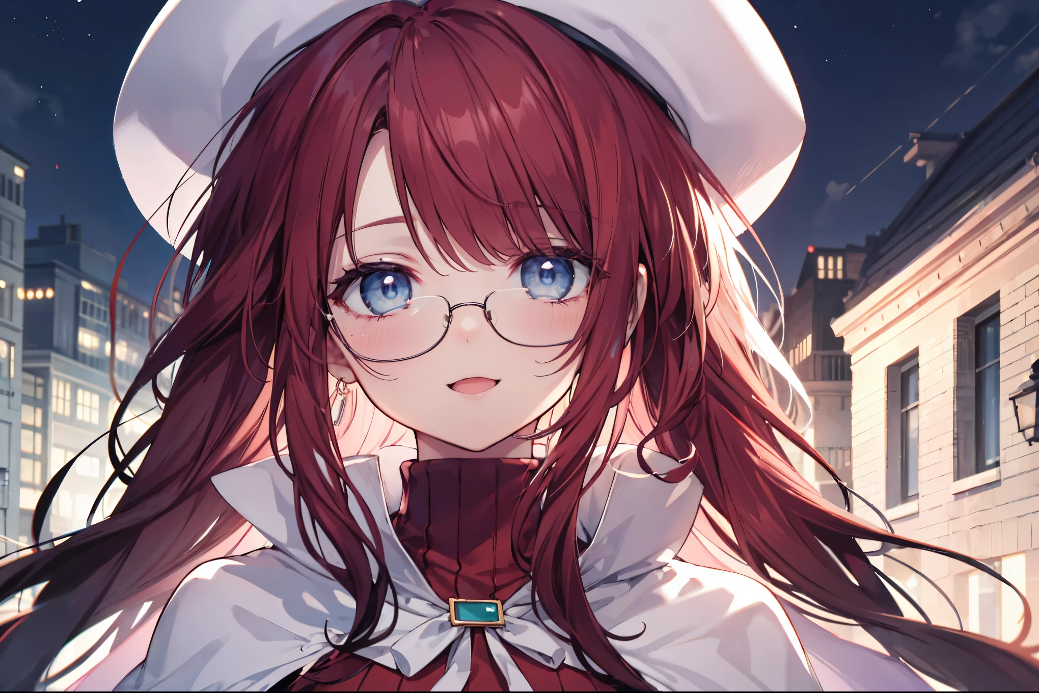 summonnightaty, aty, (young:1.3),long hair, blue eyes, red hair, big_tits, hat, glasses, BREAK long hair,, hat, dress,glasses, cape, sweater, beret,ribbed sweater,,solo, BREAK outdoors, fantasy, BREAK (masterpiece:1.2), best quality, high resolution, unity 8k wallpaper, (illustration:0.8), (beautiful detailed eyes:1.6), extremely detailed face, perfect lighting, extremely detailed CG, perfect anatomy),covered_nipples,half_eyes,sleepy_eyes,red_sweater,magical_effect,,Smile,open_mouth,solo,in_modern_town_landscape,night_sky,solo,portrait,bust up,looking_viewer