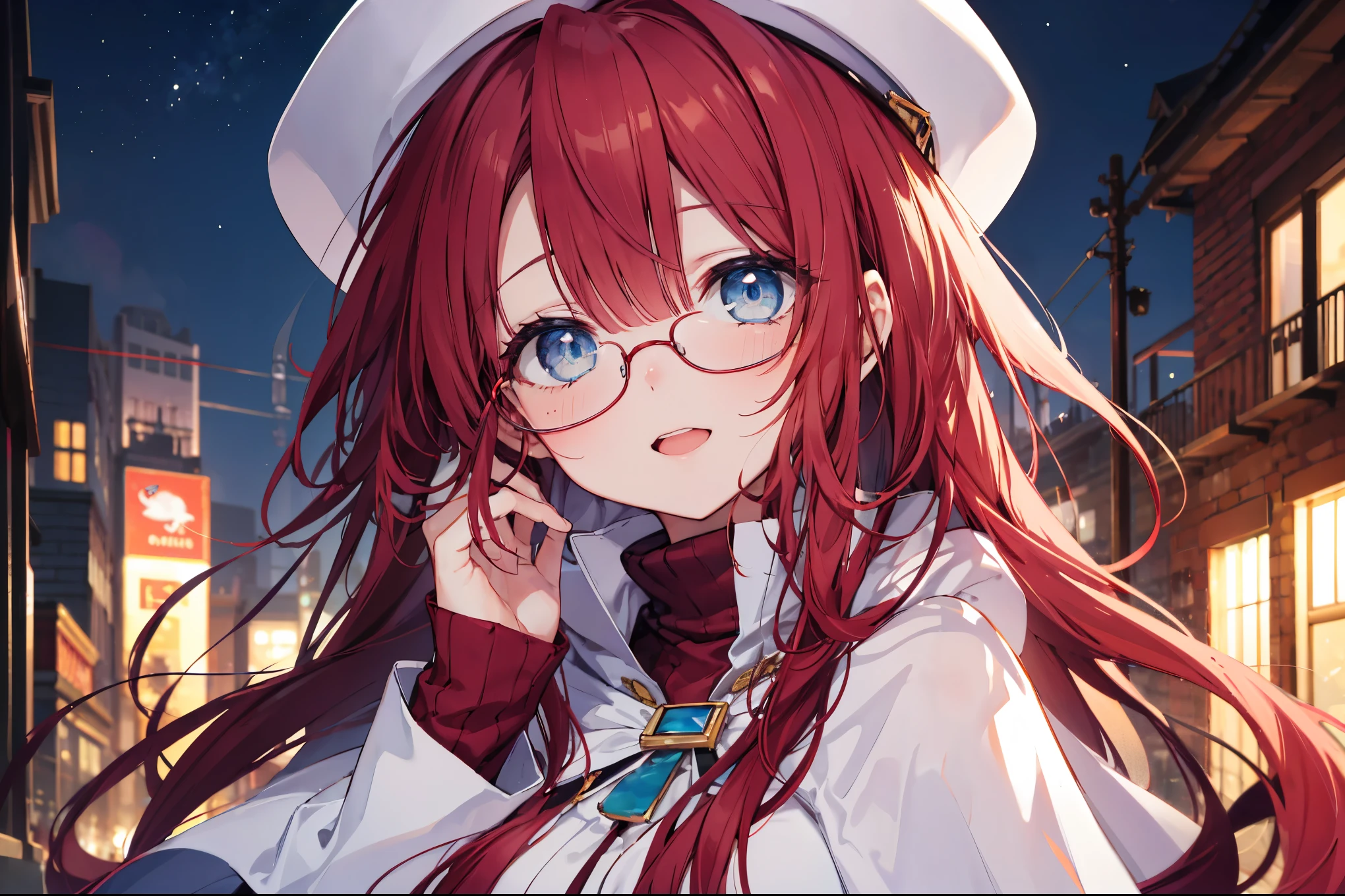 summonnightaty, aty, (young:1.3),long hair, blue eyes, red hair, big_tits, hat, glasses, BREAK long hair,, hat, dress,glasses, cape, sweater, beret,ribbed sweater,,solo, BREAK outdoors, fantasy, BREAK (masterpiece:1.2), best quality, high resolution, unity 8k wallpaper, (illustration:0.8), (beautiful detailed eyes:1.6), extremely detailed face, perfect lighting, extremely detailed CG, perfect anatomy),covered_nipples,half_eyes,sleepy_eyes,red_sweater,magical_effect,,Smile,open_mouth,solo,in_modern_town_landscape,night_sky,solo,portrait,bust up,looking_viewer