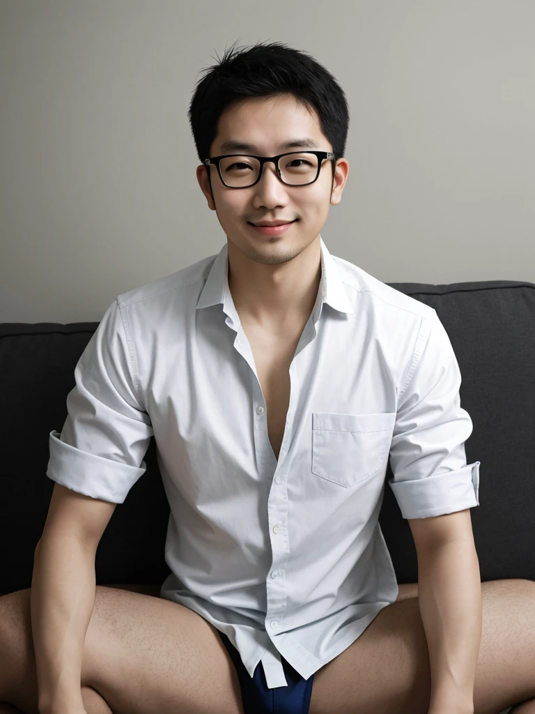 (protrait photo) asian man, 30 years old, wear glasses, shirtless, panties, His hair is neat, Face clean and clean, round face, short hair, eyes reveal wisdom and confidence, He smiles and looks at the camera, Convey a professional and capable temperament, Ultra high quality, masterpiece, textured skin, high quality, high resolution, best quality, high detail, full-length photo, whole body, sitting, lifted arms, spread legs