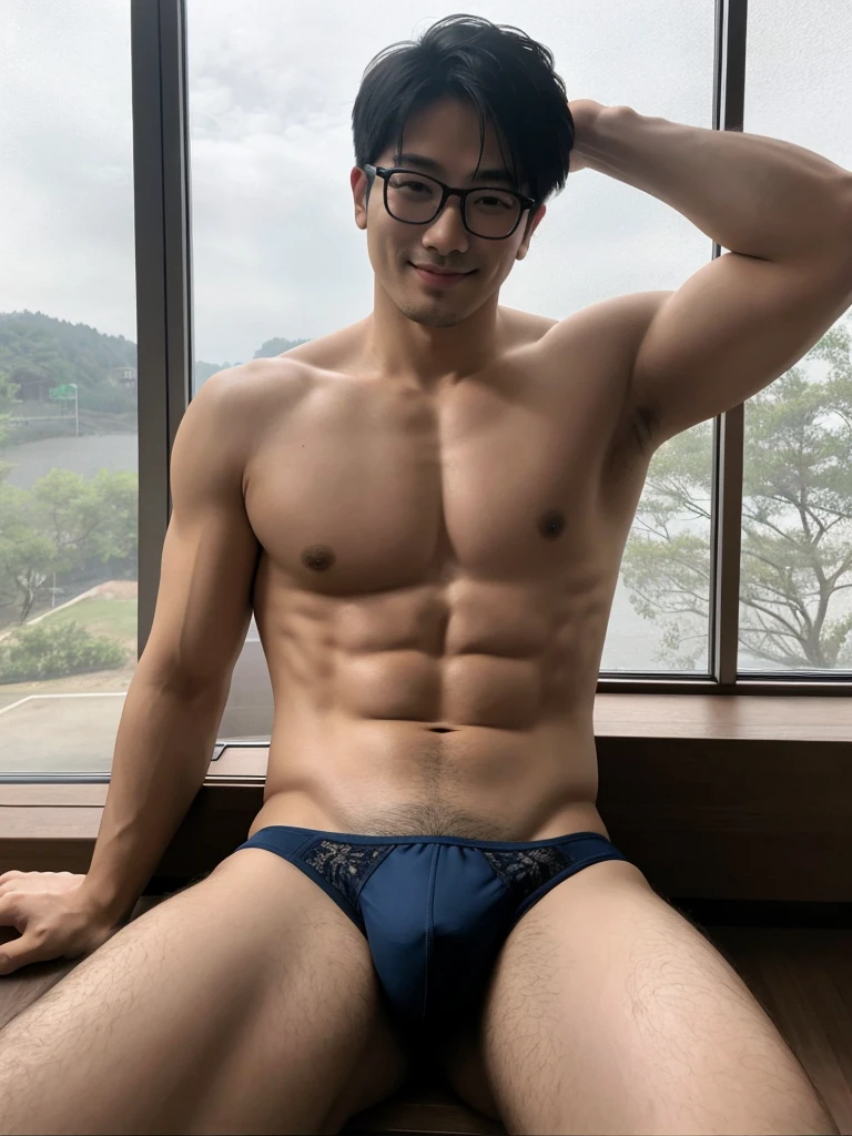 (protrait photo) asian man, 30 years old, wear glasses, shirtless, panties, His hair is neat, Face clean and clean, round face, short hair, eyes reveal wisdom and confidence, He smiles and looks at the camera, Convey a professional and capable temperament, Ultra high quality, masterpiece, textured skin, high quality, high resolution, best quality, high detail, full-length photo, whole body, sitting, lifted arms, spread legs