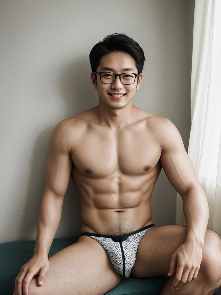 (protrait photo) asian man, 30 years old, wear glasses, shirtless, panties, thongs, His hair is neat, Face clean and clean, round face, short hair, eyes reveal wisdom and confidence, He smiles and looks at the camera, Convey a professional and capable temperament, Ultra high quality, masterpiece, textured skin, high quality, high resolution, best quality, high detail, full-length photo, whole body, sitting, lifted arms, spread legs