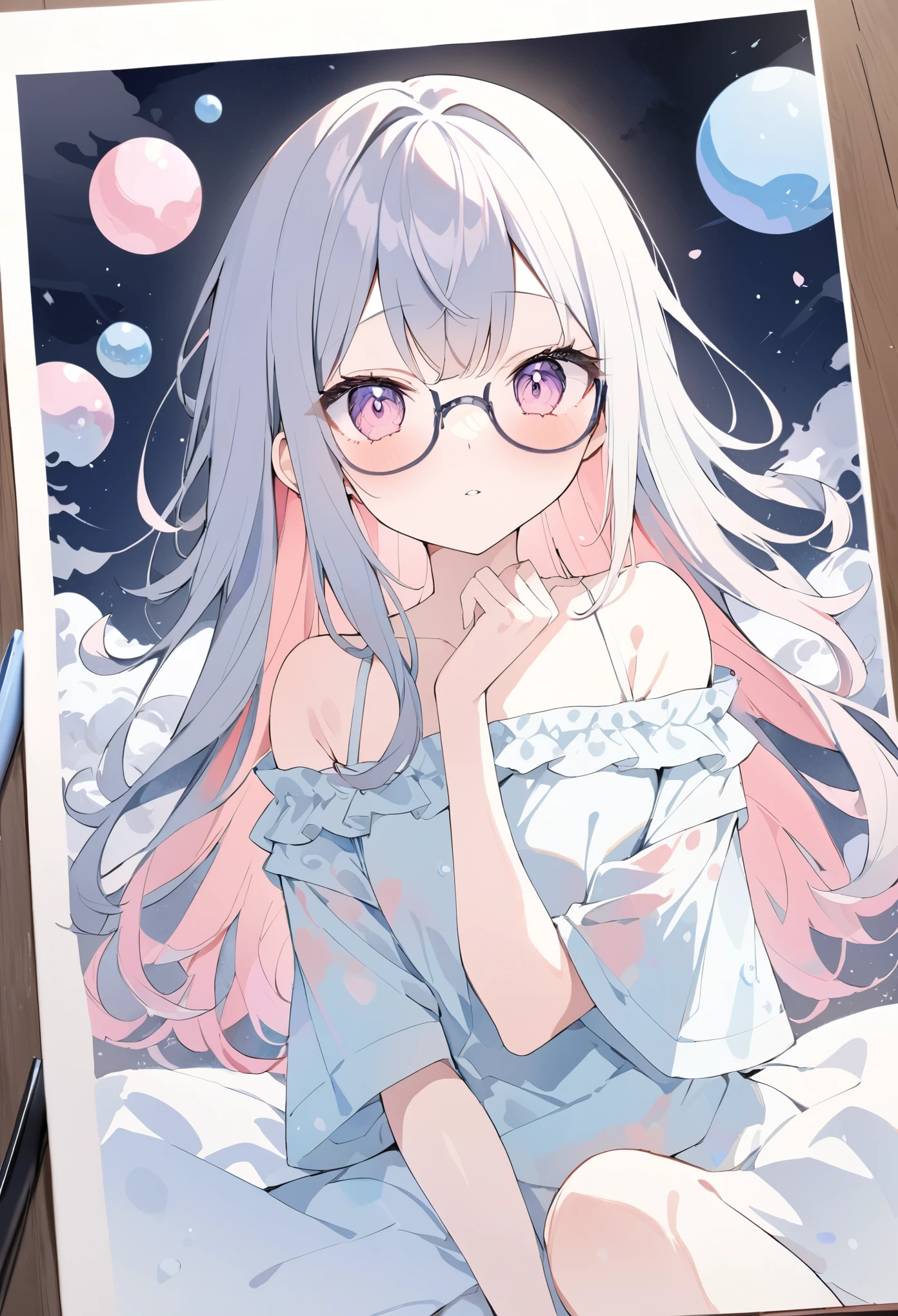 Momoko Sakura Style、8k品質、Intense watercolor, Detailed watercolor art, 水彩splash, Surreal, Avant-garde 15-year-old girl, ((Off-the-shoulder shirt、clothes are exposed、Glasses))、(Ash color、Pastel color inner color hairstyle、Hair expressed with a delicate touch), Beautiful Hair, Facial Contour, Remember, ,Hotel, splash, Lens flare、night,illumination、Natural Color, High resolution, Very delicate, Very detailed, 8k,Lying in bed、Shyness,((Sexual)),((Sexy feeling、small tits)),Angle of view from the foot