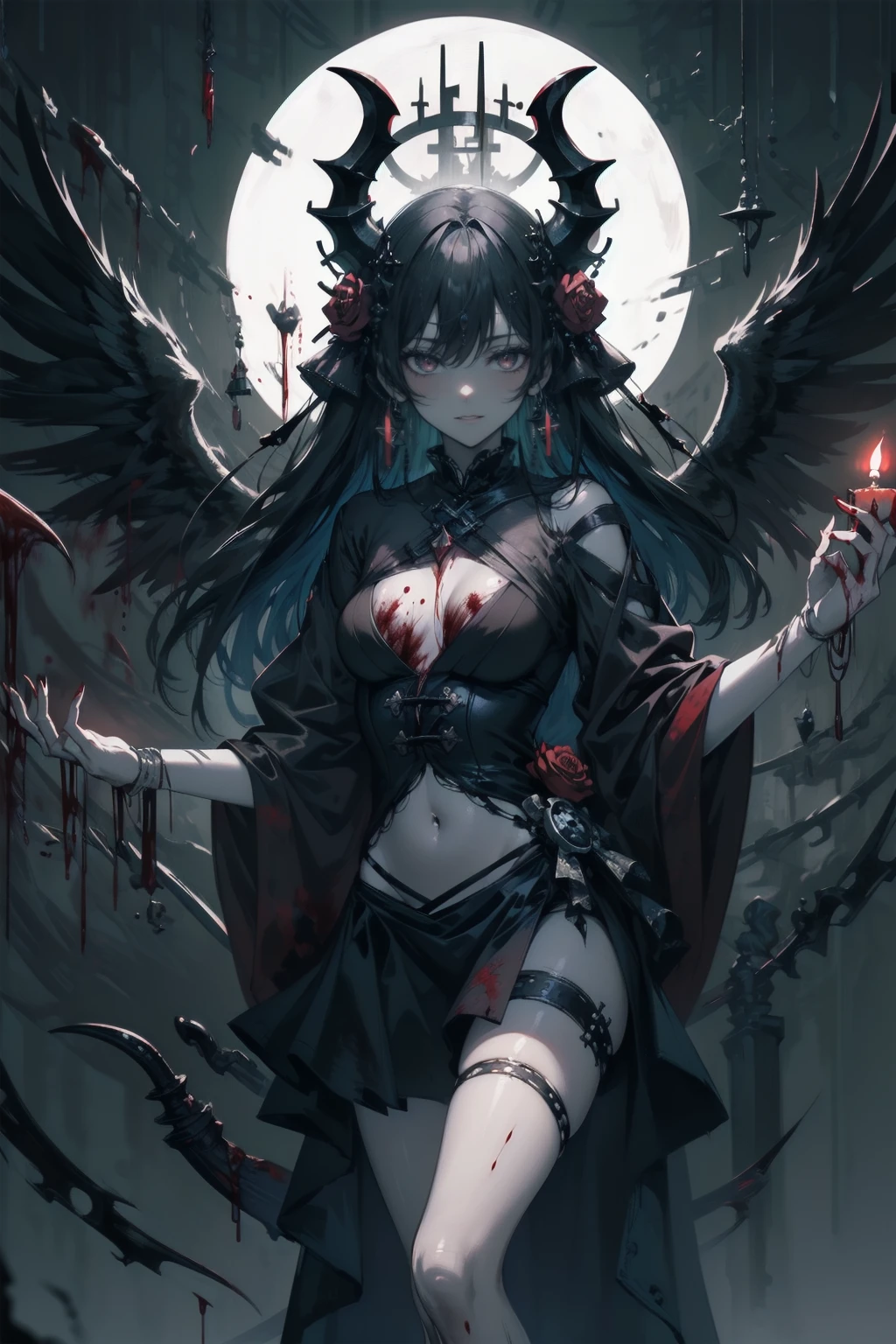 (Highest quality,4K,High resolution,masterpiece:1.2),Very detailed,Realistic:1.37,masterpiece, Highest quality, Exquisitely crafted, woman, beautiful, elegant, smile, Blood, iridescent Long Hair, bangs, skirt, shirt, Long sleeve, Frills, shoes, (Red and Black:1.4), flower, spooky, Horror, 頭蓋Bones, Long Hair, Black Hair, Candles, Blood, hair flower, Dead, hair ornaments, Bone, doll, 頭蓋Bone, skeleton, Horror (theme),spooky altar background,Dark fantasy,Red color scheme,Ominous atmosphere,Eye-catching,Storytelling,,Anime Style,Concept Art,beautiful細部までこだわった顔と (((Red eyes ))),A terrifying ritual ,Satanic Ritual,Premature death,Misconduct,クレイジーなsmile,Scythe Face,Girl Monster, beautiful, Delicate facial features, Sharp Eye, Sharp Fangs, Pale skin, blonde,robot,Cursed Painting, Dark Background, Cinema Lighting, Dramatic Shadows, Gothic style, Gloomy atmosphere, Dark fantasy, One Girl, , Please open your mouth wide, Open your mouth and baring your teeth,Sharp teeth like a beast, Wide lips, very wide mouth, Vermilion cheeks, ,(Bloodしぶき:1.4),Scary smile, smile,Fallen angel design, ねじれたsmile、Bloodまみれの、頭からの出Blood,、Bloodしぶき、,(Bloodしぶき:1.4),Crossbones, 頭蓋Bone,Horrorスタイル, ((Fantasy Fallen Angel Costume)), ((流れるようなBlack Hair)), ,(Bloodしぶき:1.4),womanの曲線, Sexy flat stomach, Perfect hands, Perfect anime face, ((White Lolita Dress)), Are standing, ((邪悪なsmile)), ,(Bloodしぶき:1.4), Steam circulates, Moonlight Illumination, night lighting, disaster々new devil horns,,(Bloodしぶき:1.6),アニメFallen angel design, ねじれたsmile、Bloodまみれの、頭からの出Blood,、Bloodしぶき、,(Bloodしぶき:1.4),Crossbones, 頭蓋Bone,Gothic architecture、Western architecture、Fantasy World、,Victorian cities, 骸Boneのガス灯,