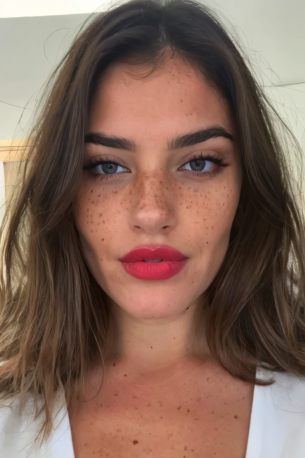 wife, brune, yeux verts et expressifs. Luscious, red lips. Freckles on the cheeks