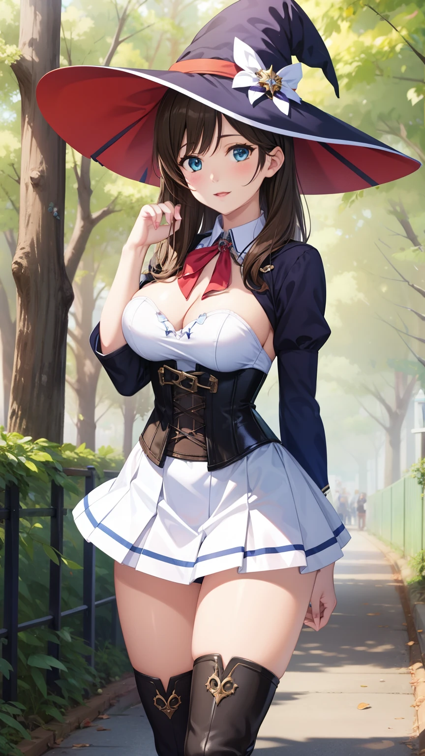 (masterpiece, best quality, absurdres, game CG, illustration, highly detailed), 1girl, solo, (mayu kuroe), forest, witch hat, black corset, short skirt, thigh boots, witch, corset