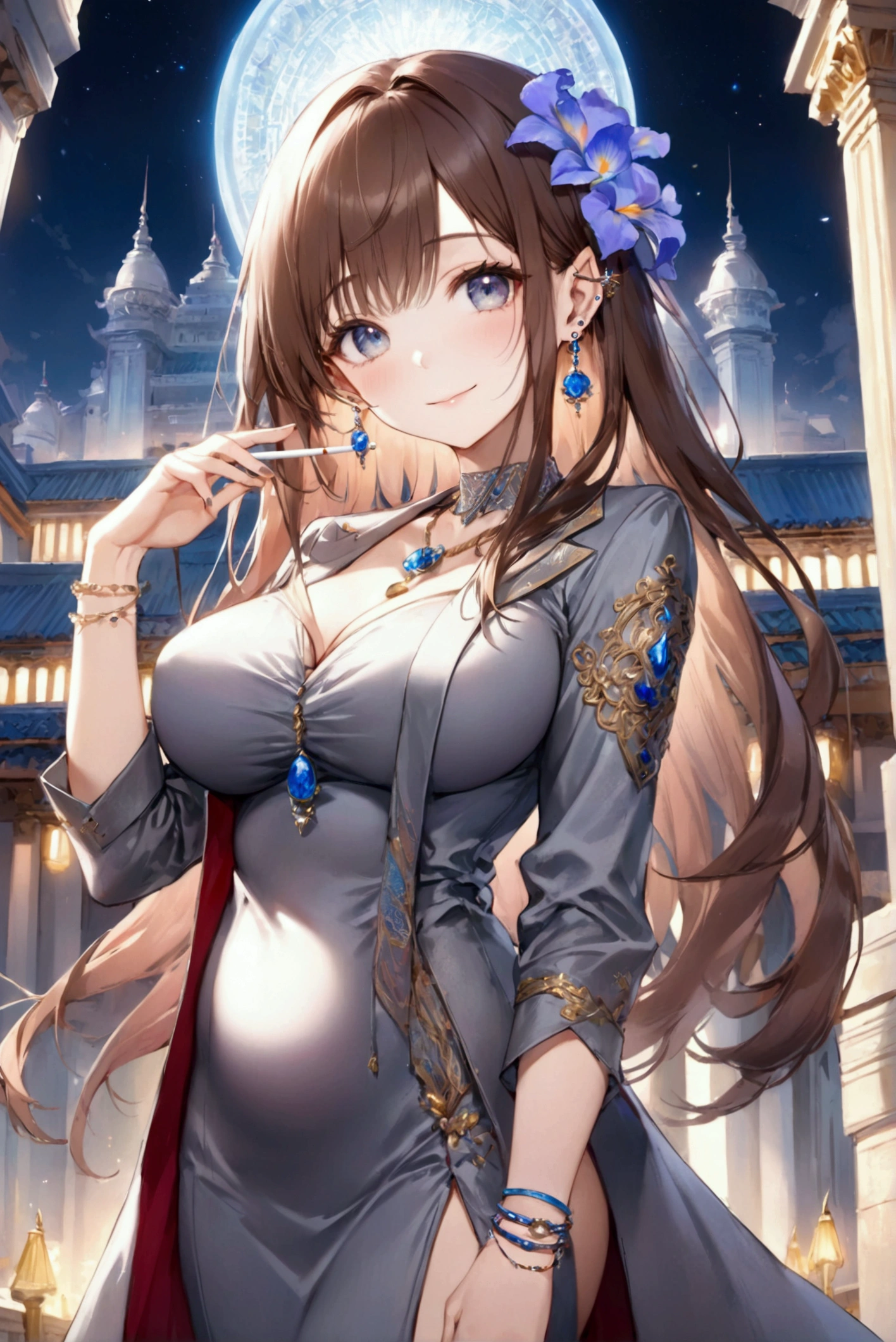 (Highest quality, 8k, 32K, masterpiece, Ultra-high resolution,:1.2),to be born, One Girl,So cute ,A fantasy background that resembles a temple or an electronic world, clear, Shining Eyes, Age 25 ,Fair skin, Woman with long brown hair, Iris, Grey suit in the palace at night, An innocent smile, Pierced ears sparkle, An elegant necklace adorns her slender neck., Rings and bracelets decorate the fingers. expensive_Big Breasts, Big Breasts 魔法使い,, Long Hair, Smoking a cigarette