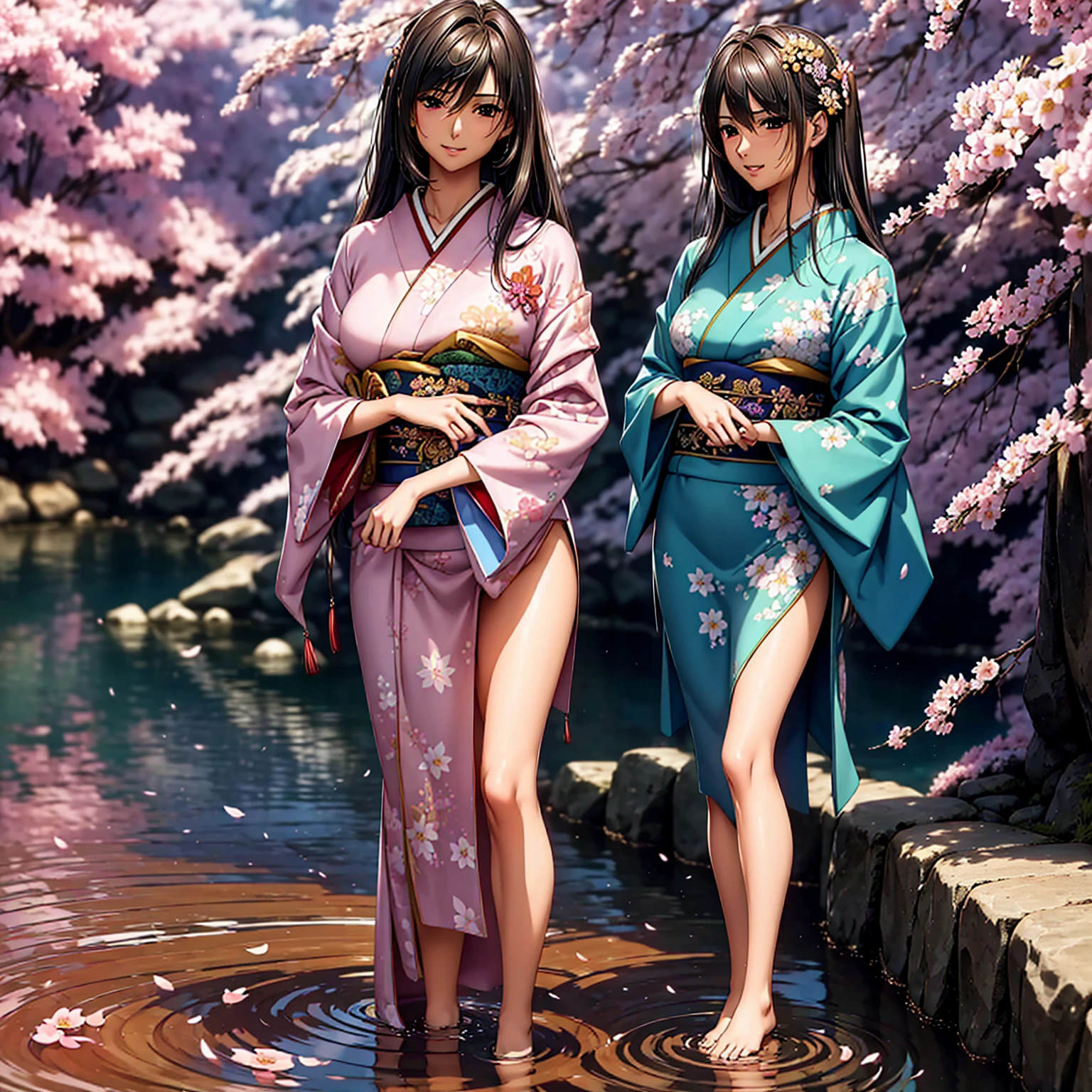 (((Highest quality、masterpiece、Very high resolution、Highly detailed images,2.5th Dimension))),Beauty Painting,(A woman of perfect and ultimate beauty:18-year-old, Beautiful body:Slender and beautiful breasts、Beautiful Face:smile、Beautiful Hair:Colored)、(Best skin and hair texture)、((Beautiful Japanese Kimono:Floral,Holding a folding fan)),、Beautiful waterfront:Cherry blossoms and waterfall,Natural light,Beautiful views,Beautiful colors,Beautiful posture,Realistic skin and body textures:1.5、Realistic breast texture:1.5、(Beautiful posture:1.5)、Model pose、Sculpture Pose、Photo engraving、photo shoot、Overall image、Accurate Images、Accurate ???????、Perfect Image,Beautiful images,(Best Shot,RAW Photos:1.2)