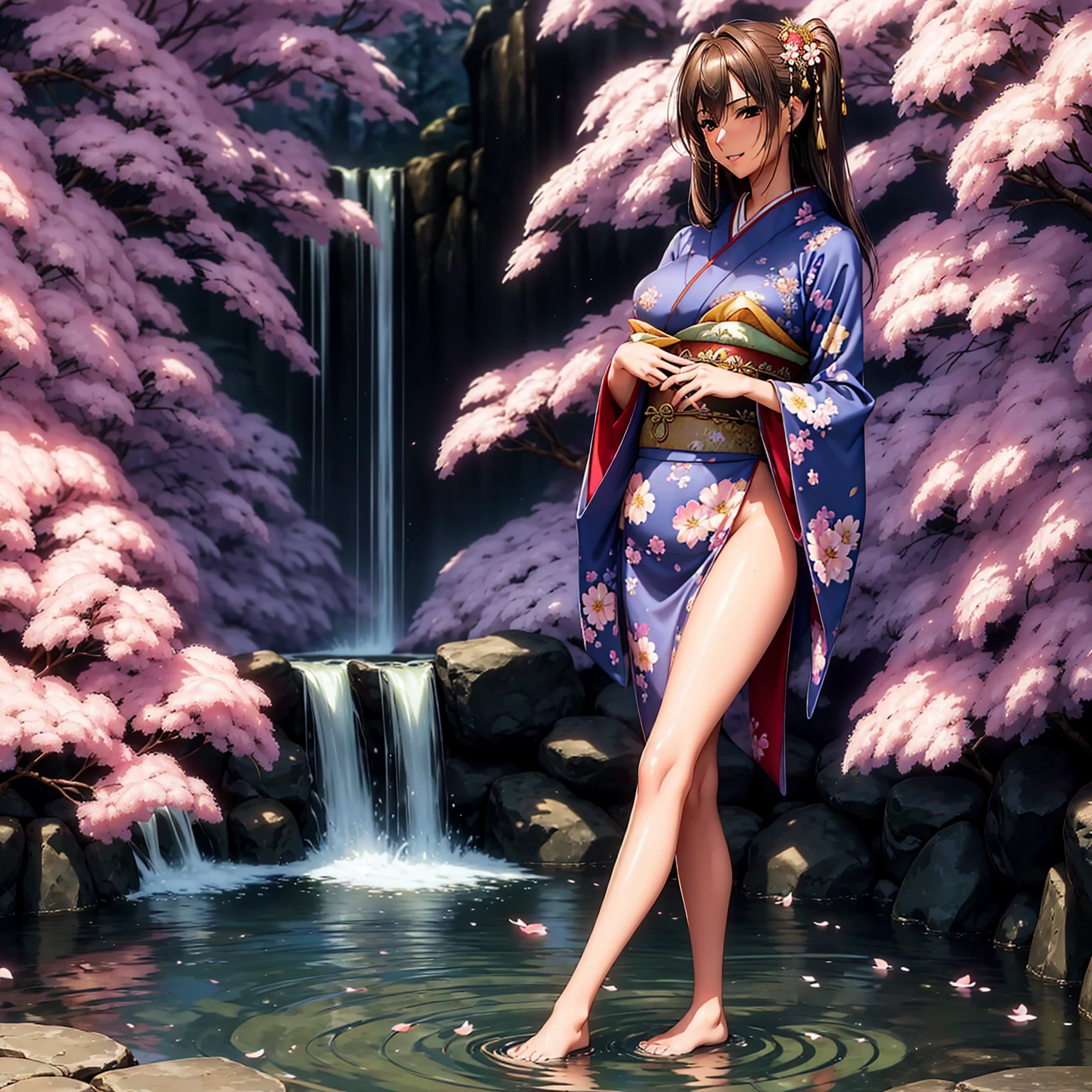 (((Highest quality、masterpiece、Very high resolution、Highly detailed images,2.5th Dimension))),Beauty Painting,(A woman of perfect and ultimate beauty:18-year-old, Beautiful body:Slender and beautiful breasts、Beautiful Face:smile、Beautiful Hair:Colored)、(Best skin and hair texture)、((Beautiful Japanese Kimono:Floral,Holding a folding fan)),、Beautiful waterfront:Cherry blossoms and waterfall,Natural light,Beautiful views,Beautiful colors,Beautiful posture,Realistic skin and body textures:1.5、Realistic breast texture:1.5、(Beautiful posture:1.5)、Model pose、Sculpture Pose、Photo engraving、photo shoot、Overall image、Accurate Images、Accurate anatomy、Perfect Image,Beautiful images,(Best Shot,RAW Photos:1.2)