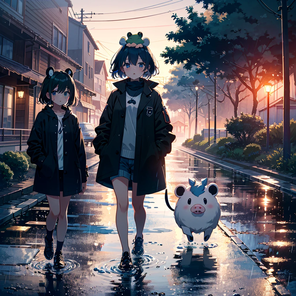 {{{Masterpiece, highest quality, high-resolution background}}}, bright and beautiful atmosphere, 3 girls (2 years old, 1 short-tempered round face), 1 (hair, surface effects), small breasts, rural On the road, it's raining heavily, a woman wearing a coat and walking in a hurry, a drenched mini-pig, a mini-pig with a frog on its head, "deltamon_sdXL :0.73) >Deltamon"