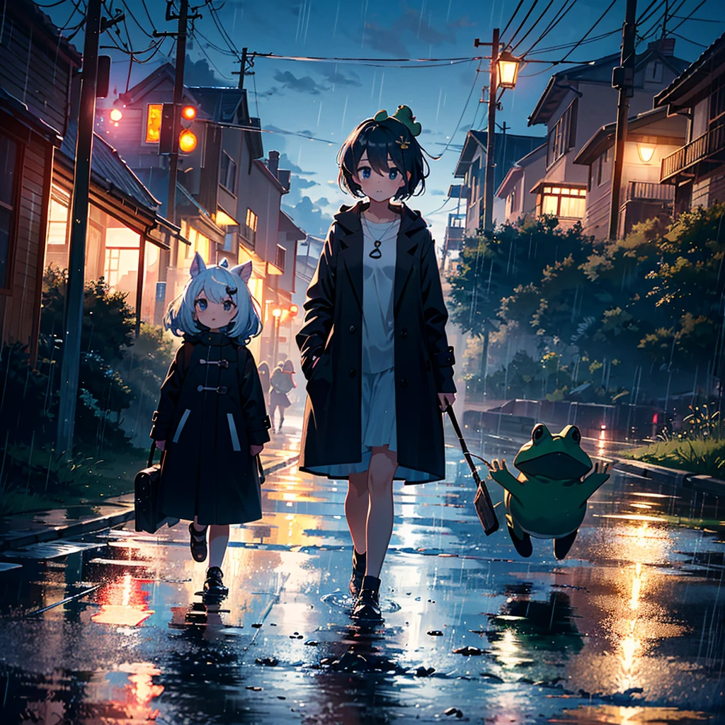 {{{Masterpiece, highest quality, high-resolution background}}}, bright and beautiful atmosphere, 3 girls (, 1 short-tempered round face), 1 (hair, surface effects), small breasts, rural On the road, it's raining heavily, a woman wearing a coat and walking in a hurry, a drenched mini-pig, a mini-pig with a frog on its head, "deltamon_sdXL :0.73) >Deltamon"
