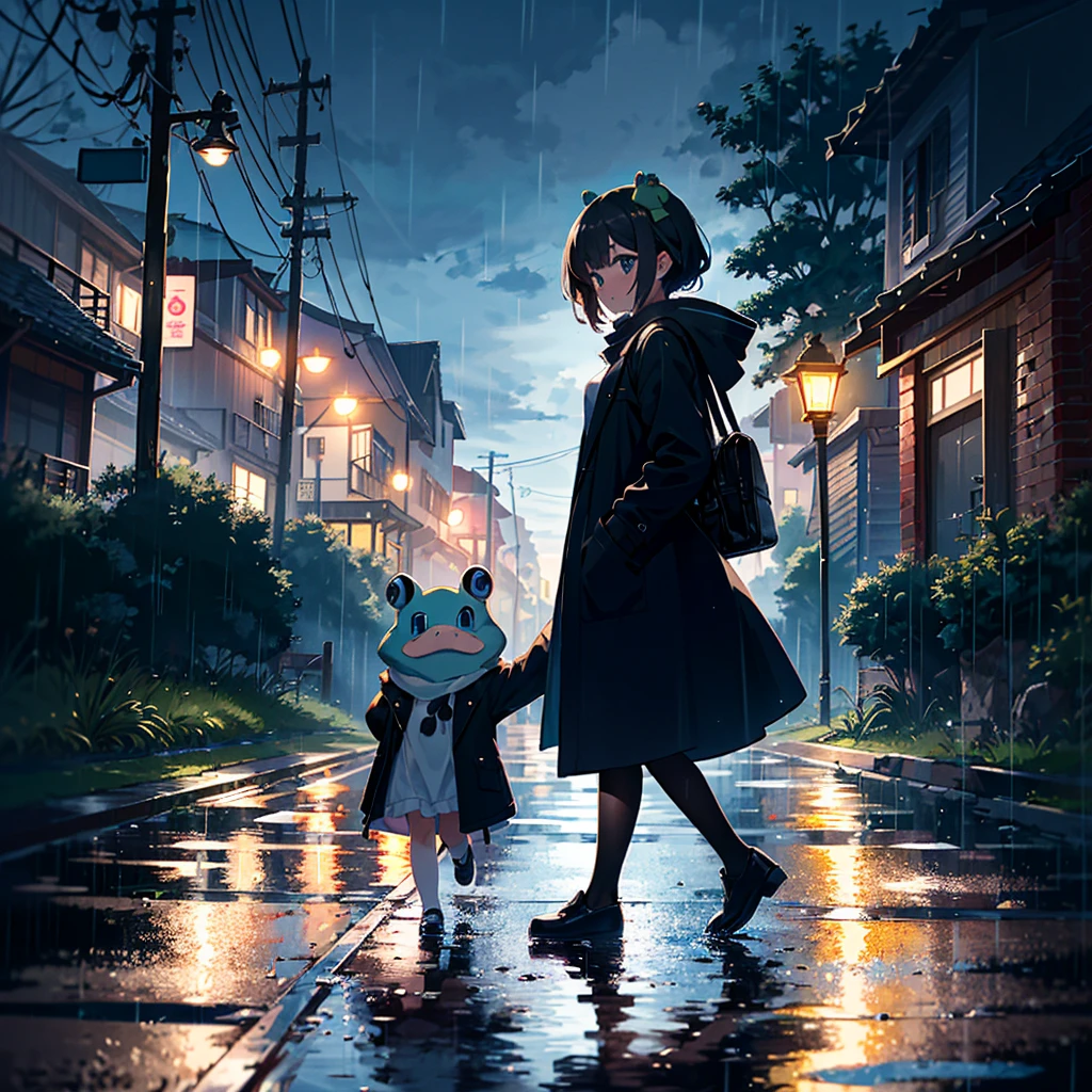 {{{Masterpiece, highest quality, high-resolution background}}}, bright and beautiful atmosphere, 3 girls (2 years old, 1 short-tempered round face), 1  (hair, surface effects), small breasts, rural On the road, it's raining heavily, a woman wearing a coat and walking in a hurry, a drenched mini-pig, a mini-pig with a frog on its head, "deltamon_sdXL :0.73) >Deltamon"
