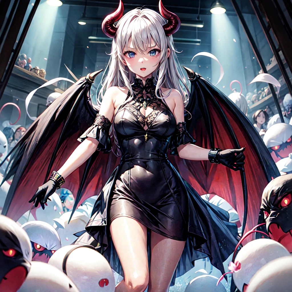 Highest quality、Anatomically correct、Black wings grow、disaster々Cool atmosphere、beautiful、One woman、devil、Female Demon King、Dark Places、Dark Skin、High-pressure attitude、An evil look、It has a tail、Staring at you Dark background、naked、Mature woman with legs open、 No clothes、Crouching、Covered in sperm