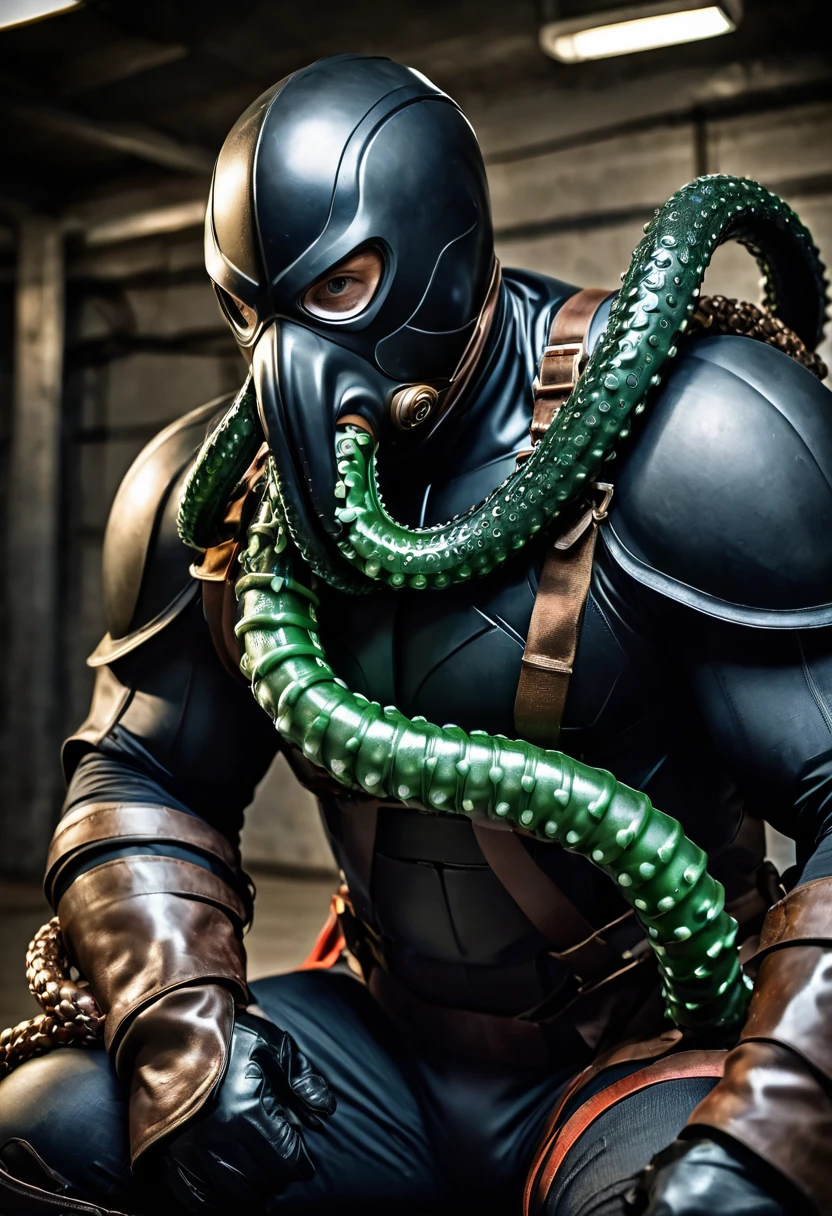 masked, Superhero, hero, strongest human, strong and robust male, savior, bound, subdued, unable to move, immobilized, tentacle, Armor, helmet, Tentacle entanglement, uniform, Wrapped around the body, Binding hands togethe, A gagged mouth, Foreign object invasion