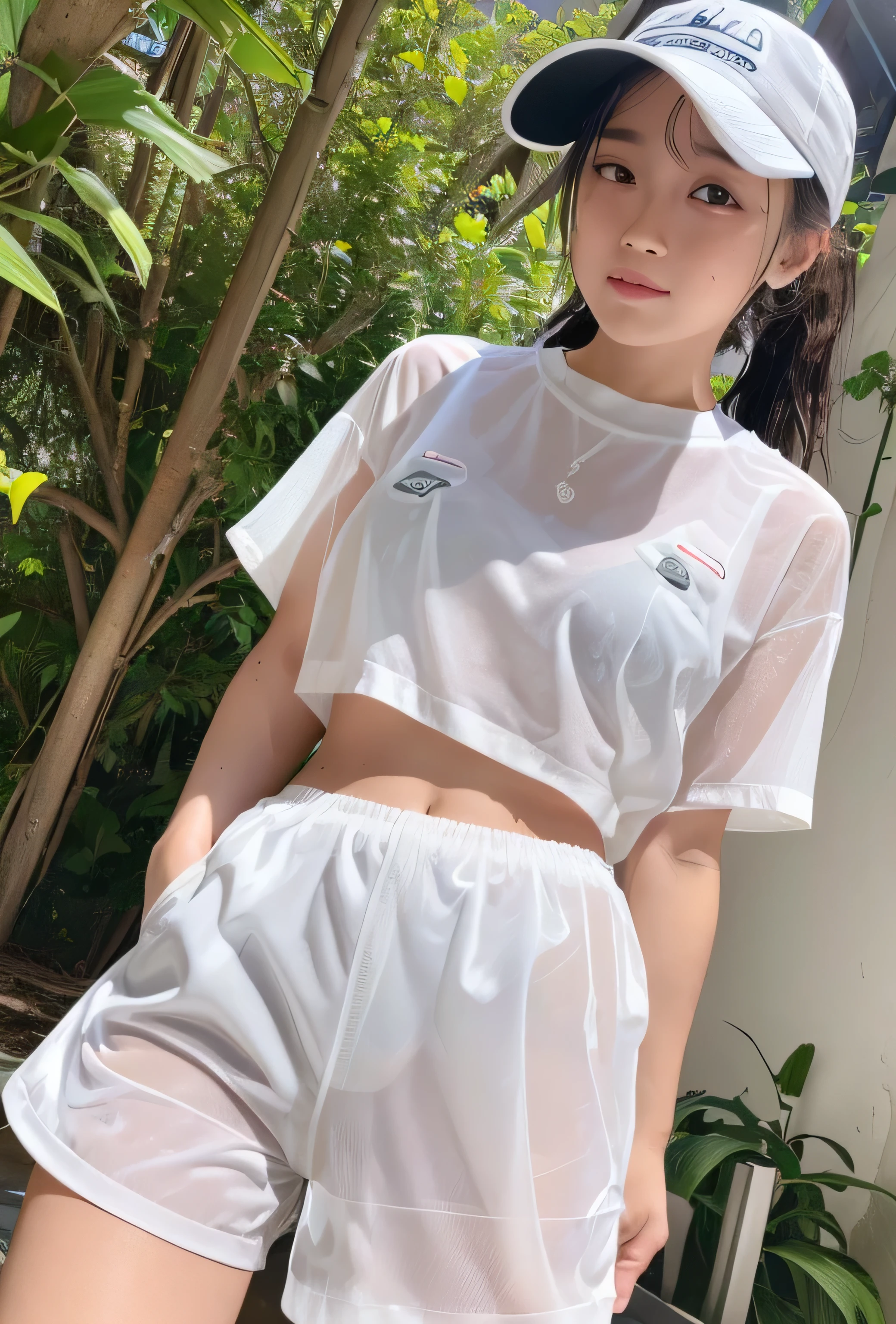 (Highest quality, masterpiece, 4K, photograph, Fine:1.4), (Cute  crying in soaked short white nylon shorts:1.3), garden, squirt, tomboy, A soaked white camisole and white nylon shorts, Covering the chest with both arms, Very cute with a baby face, ponytail, The white camisole is wet and transparent, Her wet white nylon shorts are transparent and her underwear is clearly visible, White clothes that are wet and see-through, Footage from the knee up
