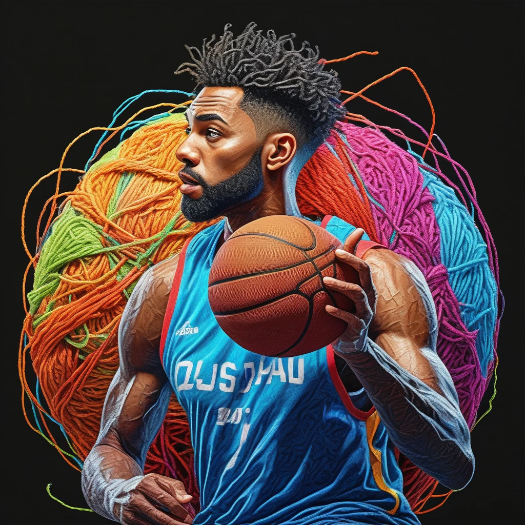 A man playing basketball at the 2024 Olympic Games in Paris, simplistic “yarn art style”, beautiful detailed eyes, beautiful detailed lips, extremely detailed face and body, 1 man, dynamic action pose, colorful textured yarn strands, vibrant colors, soft lighting, detailed background, (best quality, 4k, 8k, highres, masterpiece:1.2), ultra-detailed, (realistic, photorealistic, photo-realistic:1.37), studio lighting, ultra-fine painting, sharp focus, physically-based rendering, extreme detail description, professional, vivid colors, bokeh