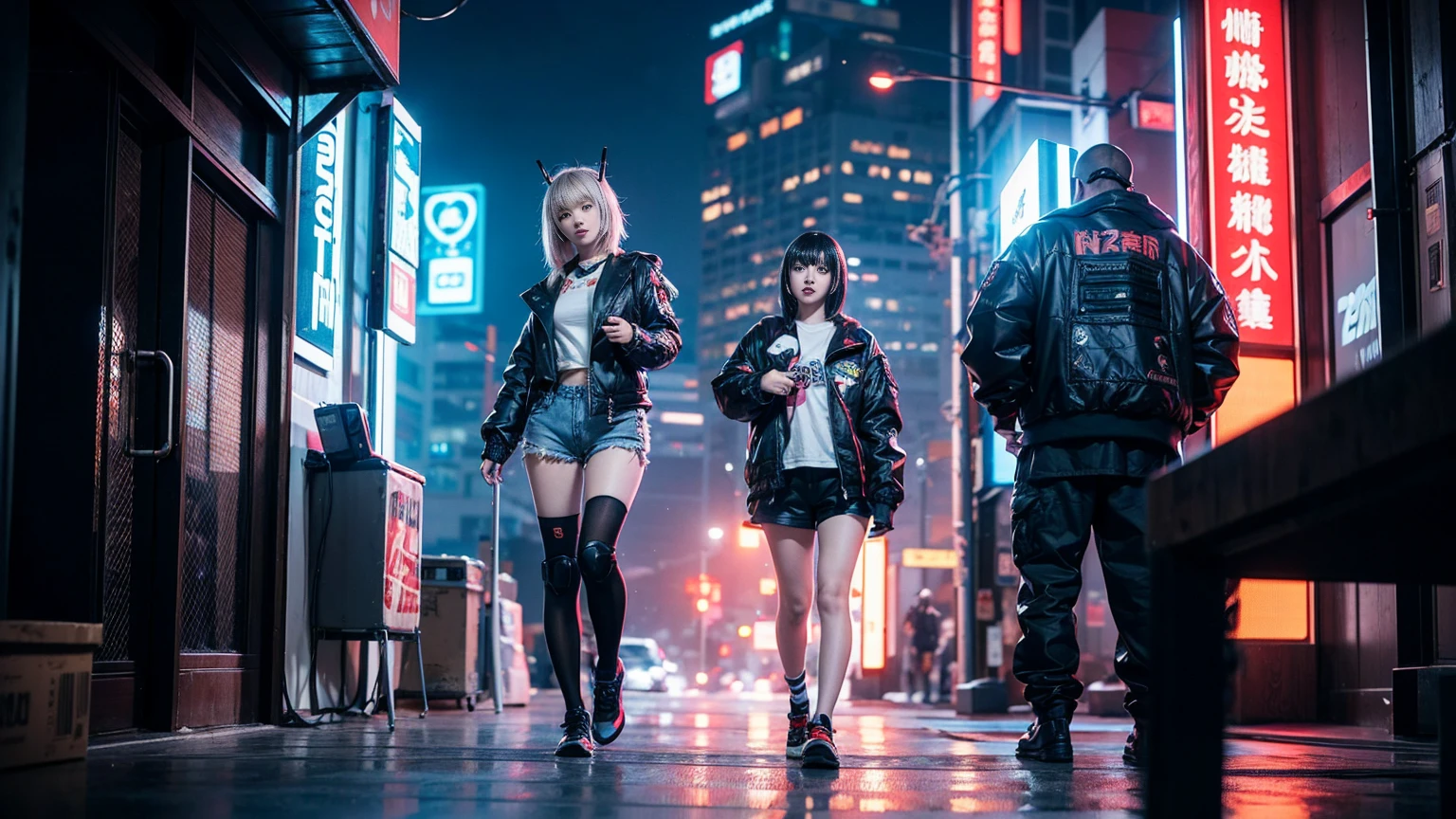 Anime girl in shorts and jacket standing next to a giant robot, artwork in the style of Gwaiz, Cyberpunk Anime Girl Mecha, Trending on cgstation, Gwaiz, By Russell Dongjun Lu, Digital Cyberpunk Anime Art, Lostrun 8k, Gwaiz on artstation pixiv, Girl wearing mecha cyber armor