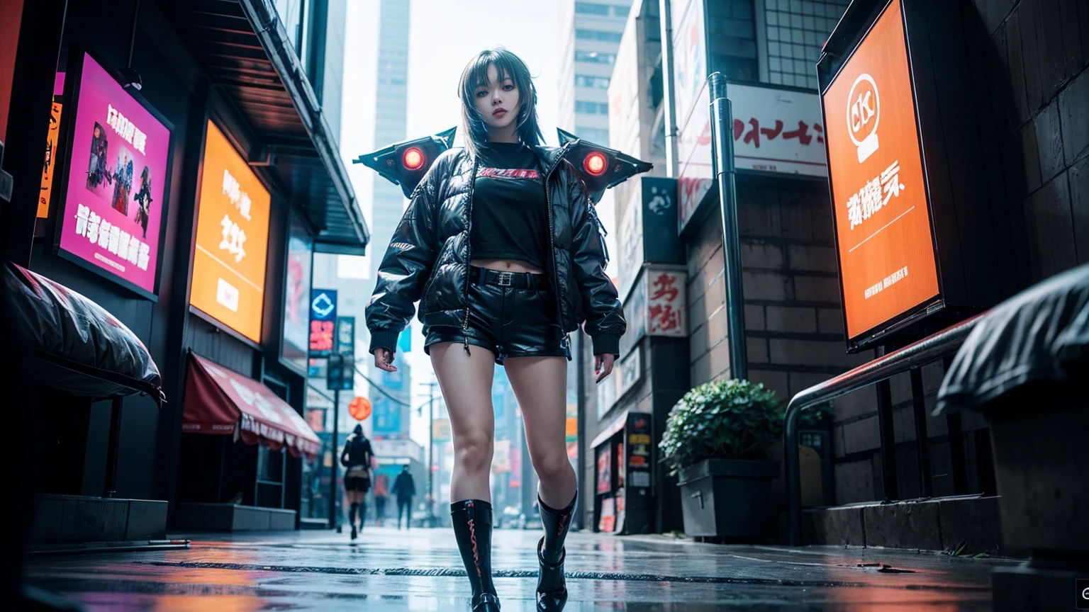 Anime girl in shorts and jacket standing next to a giant robot, artwork in the style of Gwaiz, Cyberpunk Anime Girl Mecha, Trending on cgstation, Gwaiz, By Russell Dongjun Lu, Digital Cyberpunk Anime Art, Lostrun 8k, Gwaiz on artstation pixiv, Girl wearing mecha cyber armor