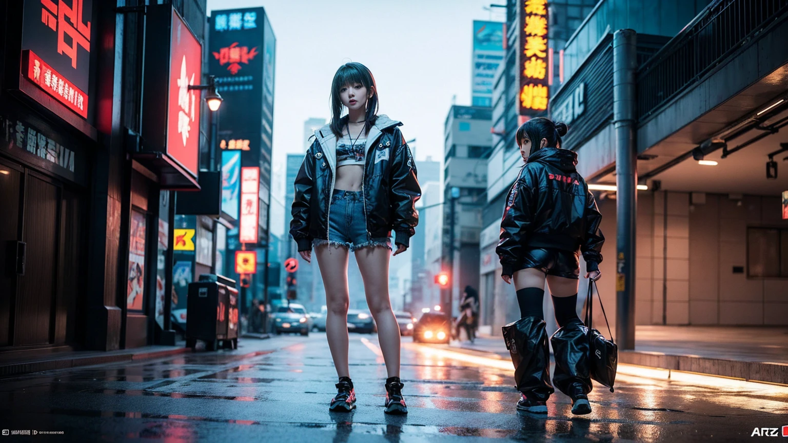 Anime girl in shorts and jacket standing next to a giant robot, artwork in the style of Gwaiz, Cyberpunk Anime Girl Mecha, Trending on cgstation, Gwaiz, By Russell Dongjun Lu, Digital Cyberpunk Anime Art, Lostrun 8k, Gwaiz on artstation pixiv, Girl wearing mecha cyber armor