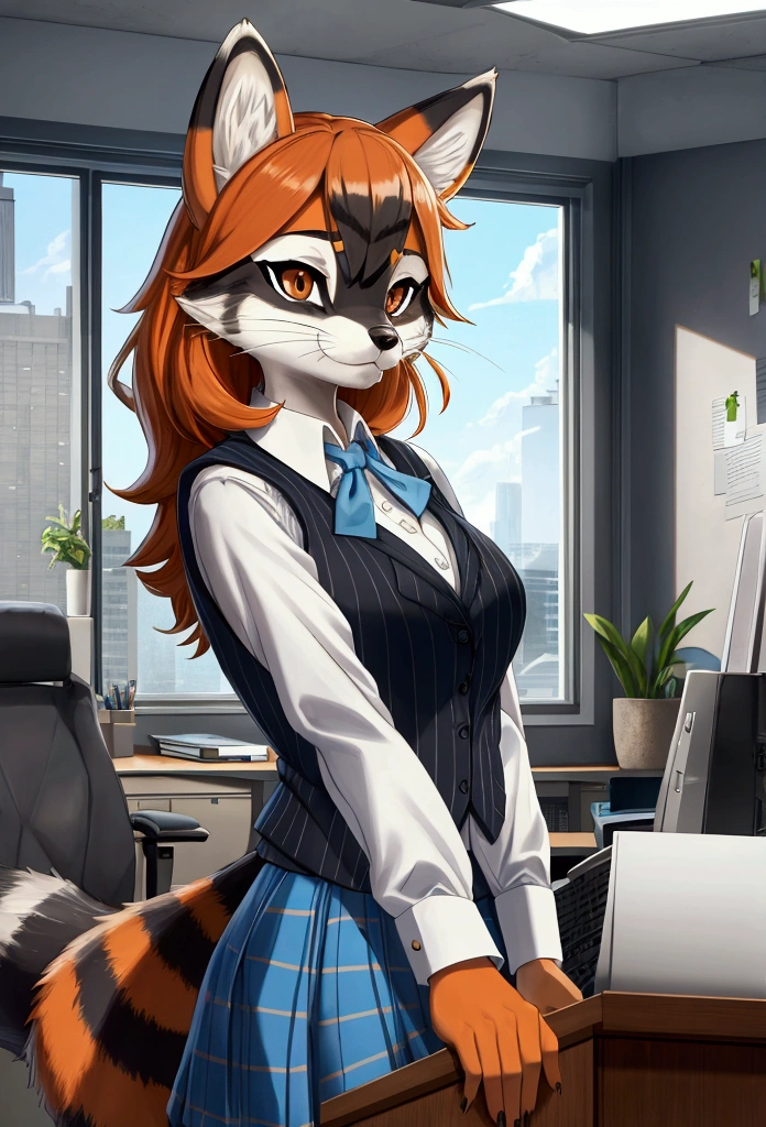 1girl, RetsukoCzar, (two-toned fur, orange fur, black eyes, whiskers, animal ears, racoon tail, striped tail, snout), (blue skirt, white long-sleeved shirt, blue vest, office lady, living inflatable), (interior, office), (masterpiece:1.2), hires, ultra-high resolution, 8K, high quality, (sharp focus:1.2), clean, crisp, cinematic,