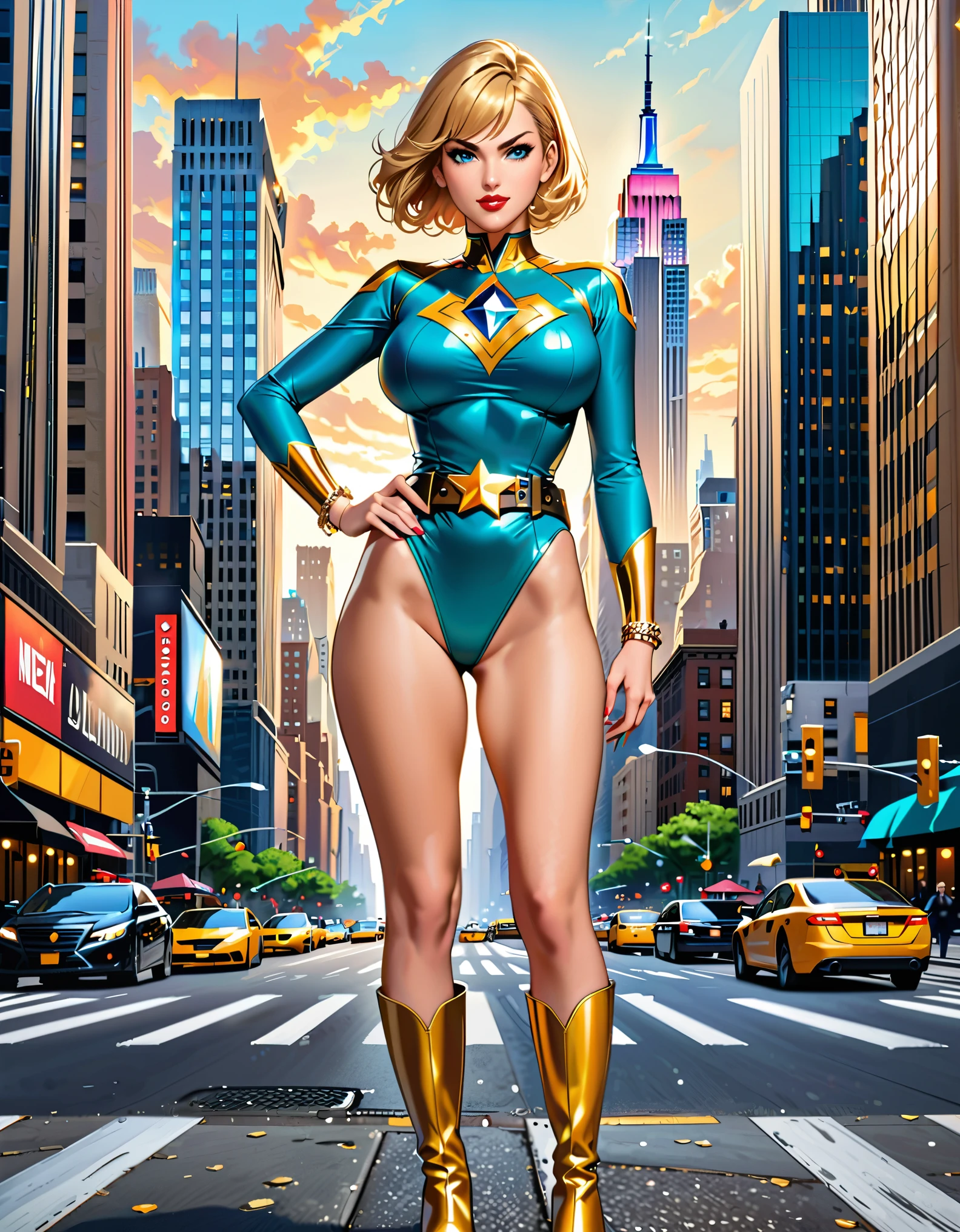 (masterpiece), (best quality), (hires), highly detailed, professional, 1lady, mature lady, tall body, (gold belt, tight belt), blonde hair, short hair, bob hair, blue eyes, beautiful detailed eyes, beautiful detailed face, (ankle-length boots, knee boots, yellow boots, yellow footwear), (large breasts, medium breasts), new york city backdrop, sky, cityscape, hands on hip, (teal and yellow leotard, sleeves, long sleeves, tight sleeves, perfect fit, perfect hands, complete fingers), (gold bracelets), bare legs, red lips, skyscraper, solo, solo focus, superhero, ((gold star symbol on chest)), ((blue diamond belt buckle)), standing, cowboy shot, full body shot, full body with costume, heroic pose, semi-realistic, serious. heroic atmosphere.