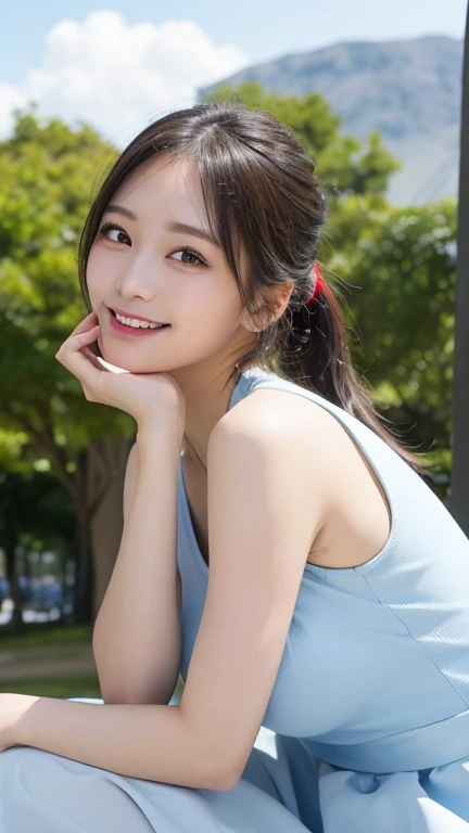 Light blue tank top, Highest quality, Very detailed, finely, High resolution, 8k wallpaper, Black Hair、Perfect dynamic composition, finelyて美しい目, Natural Lip, (Big Breasts), smile、Side Ponytail、((Bend over and peer at me))、((Close your mouth))、((Park Background))、blue sky、((White flared skirt))、