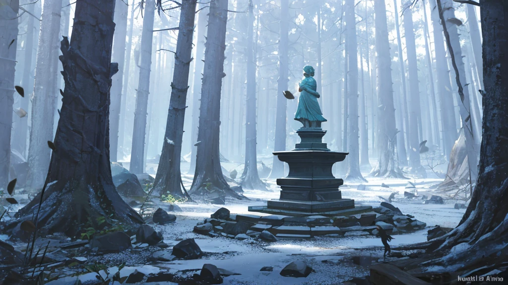 A small broken stone statue in the forest. No one is there. Pieces of stone are scattered all over the place.
