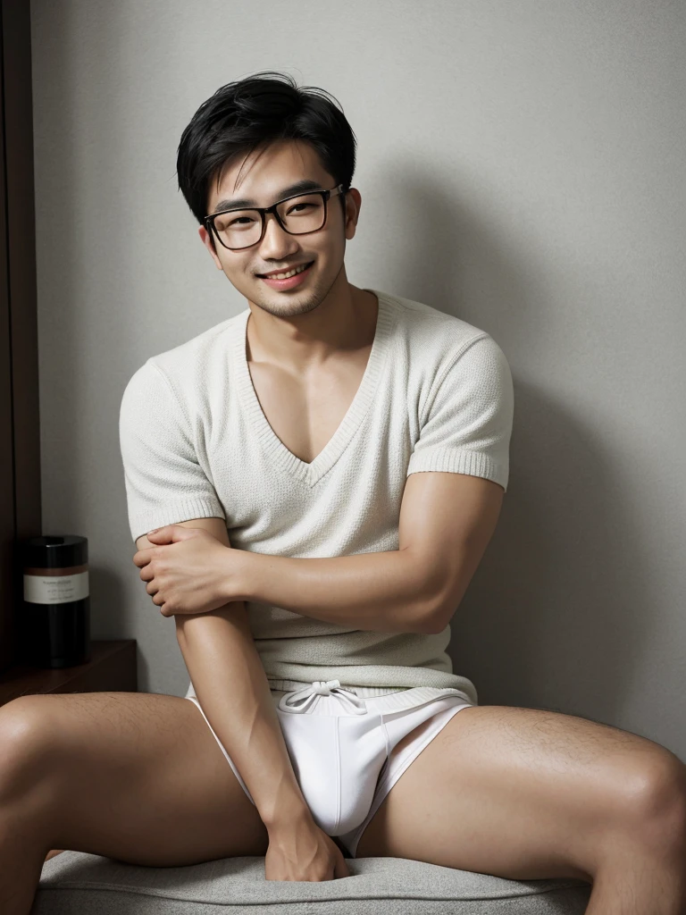 (protrait photo) asian man, 30 years old, wear glasses, shirtless, panties, His hair is neat, Face clean and clean, round face, short hair, eyes reveal wisdom and confidence, He smiles and looks at the camera, Convey a professional and capable temperament, Ultra high quality, masterpiece, textured skin, high quality, high resolution, best quality, high detail, full-length photo, whole body, sitting, lifted arms, spread legs
