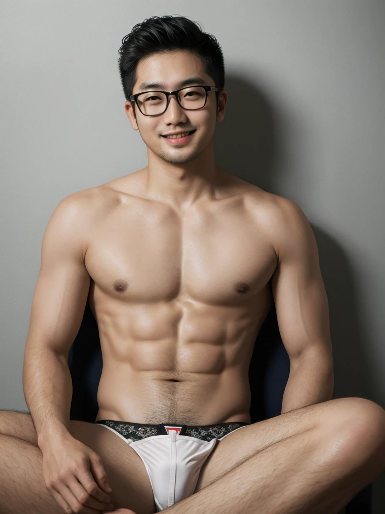 (protrait photo) asian man, 30 years old, wear glasses, shirtless, panties, His hair is neat, Face clean and clean, round face, short hair, eyes reveal wisdom and confidence, He smiles and looks at the camera, Convey a professional and capable temperament, Ultra high quality, masterpiece, textured skin, high quality, high resolution, best quality, high detail, full-length photo, whole body, sitting, lifted arms, spread legs