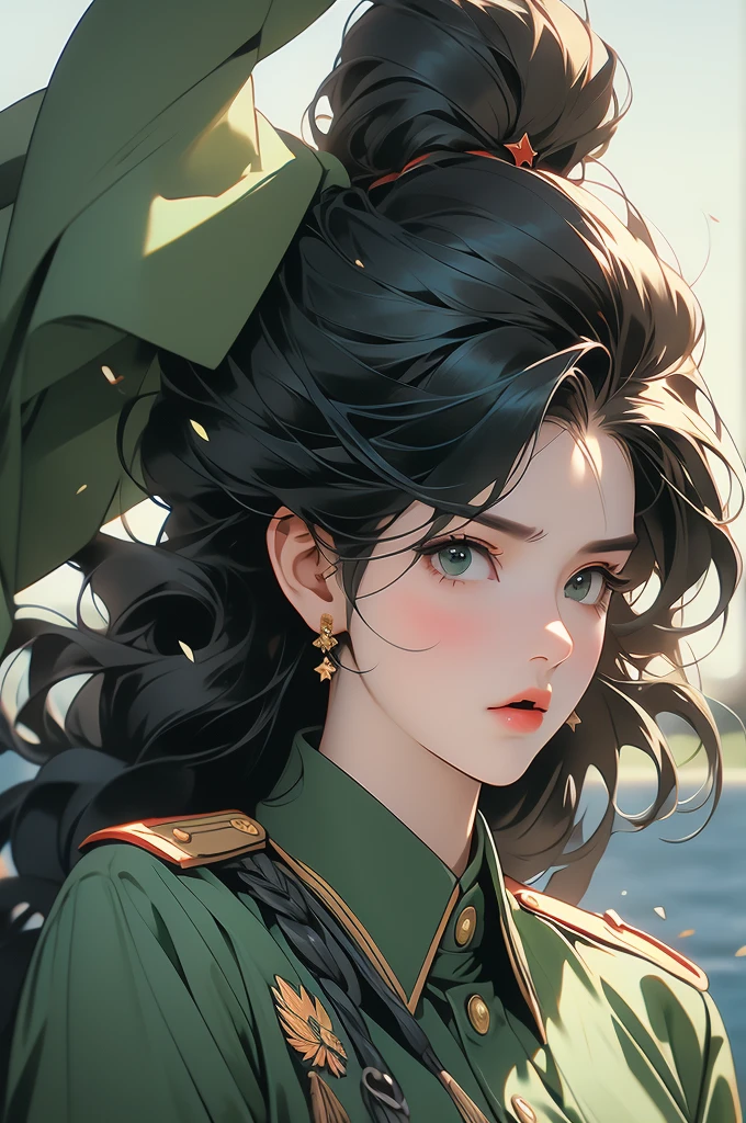 tall woman, green military uniform, soviet, black hair, saluting, shouting, serious face