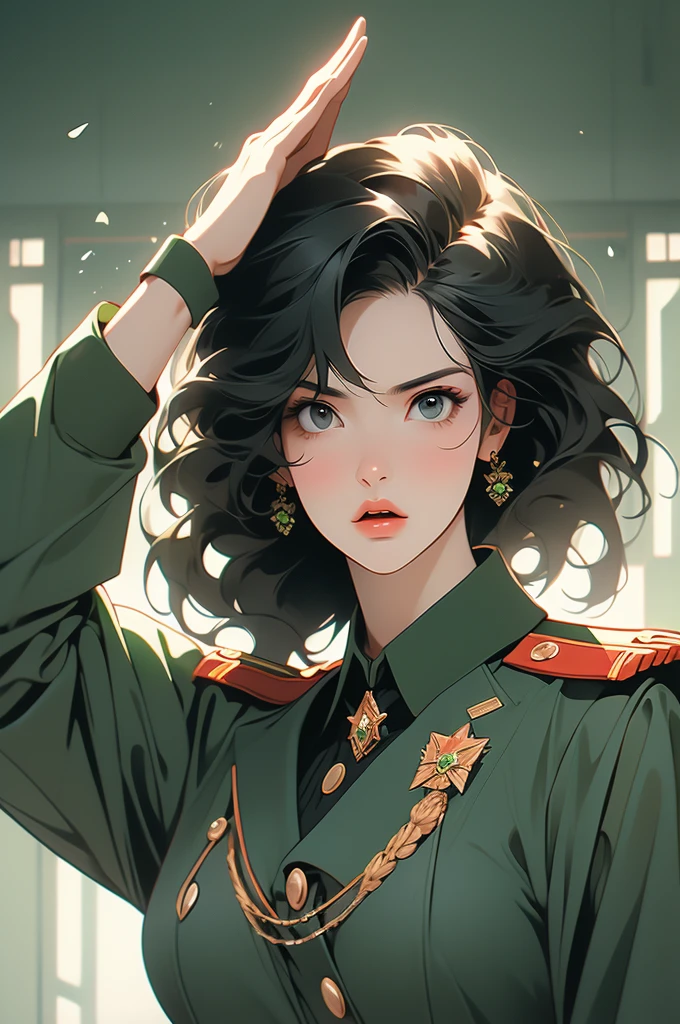 tall woman, green military uniform, soviet, black hair, saluting, shouting, serious face