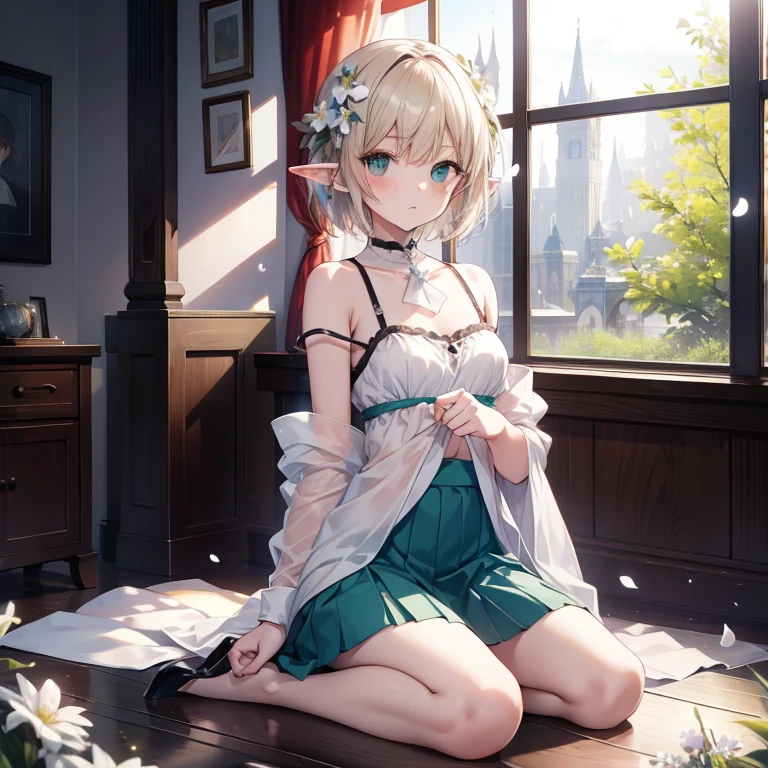 Masterpiece, best quality, high quality, 1girl, pointy ears, solo, looking at viewer, elf, sitting, Brown short hair, small breasts, green eyes, wears a long Blue skirt, strap slip, white flower, parted lips, white camisole, seiza, bare shoulders, petals, blush, bottomless, full body, sitting on the bench