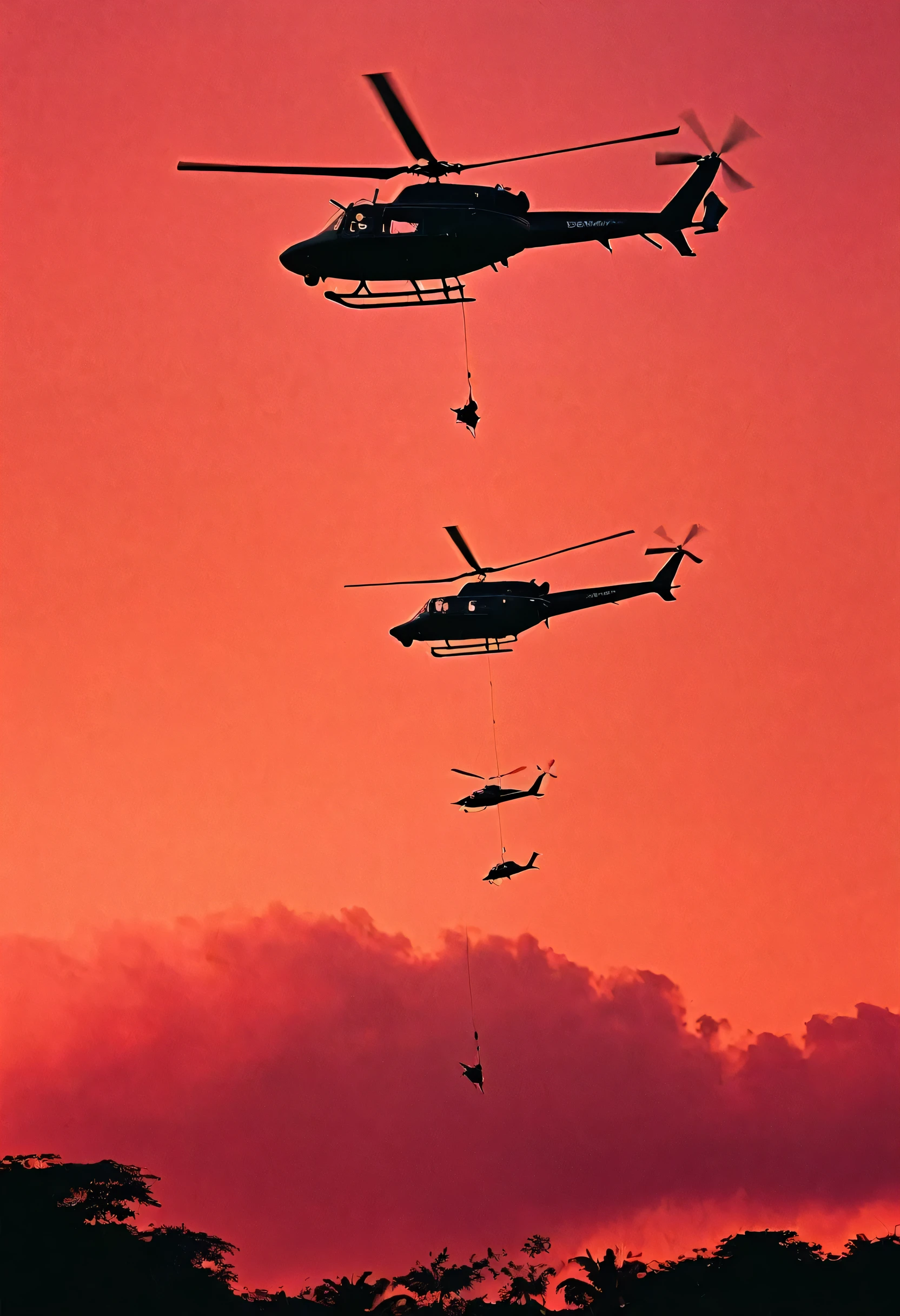 Make an poster image of 2 RAB helicopters flying in the sky during protest, the image is taken from quite far on ground, birds flying in crimson sky behind them, the image should be in retro type, also it should be in mainly red color and other colors that match the photo