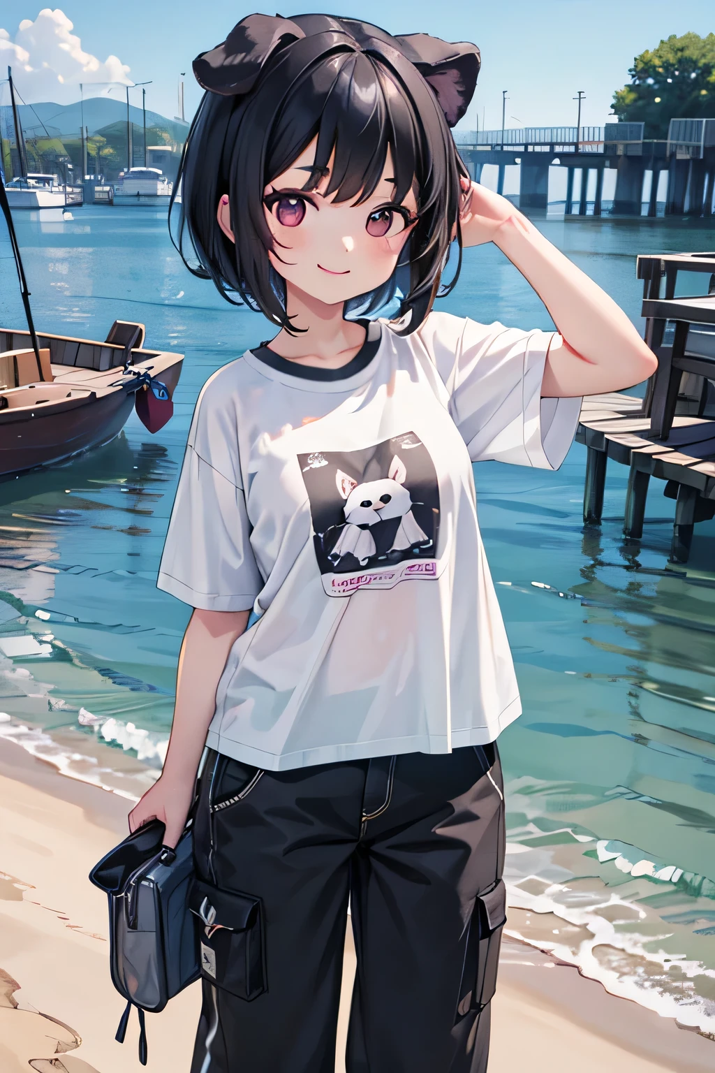 Dog ears,1 girl,smile,port,fishing,T-Shirts,Half pants,Black Hair,Short Hair,Thick eyebrows,masterpiece,best quality,super detailed,super fine illustration,8k,detailed background,
