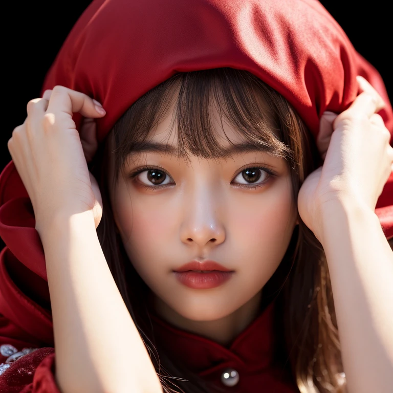 ((extreme detail)),(ultra-detailed), extremely detailed CG unity 8k wallpaper, velvet, figurine, red hood, crop top, star headdress, puffy sleeves, lips, looking away, close-up, head turn, black background