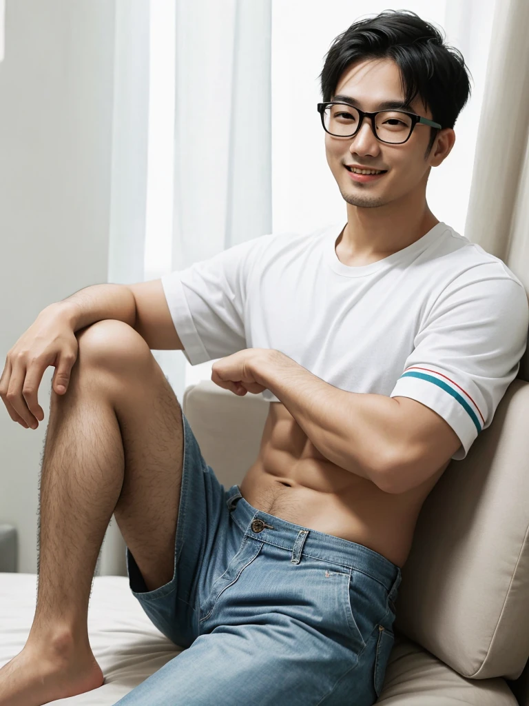 (protrait photo) asian man, 30 years old, wear glasses, shirtless, panties, His hair is neat, Face clean and clean, round face, short hair, eyes reveal wisdom and confidence, He smiles and looks at the camera, Convey a professional and capable temperament, Ultra high quality, masterpiece, textured skin, high quality, high resolution, best quality, high detail, full-length photo, whole body, sitting, lifted arms, spread legs