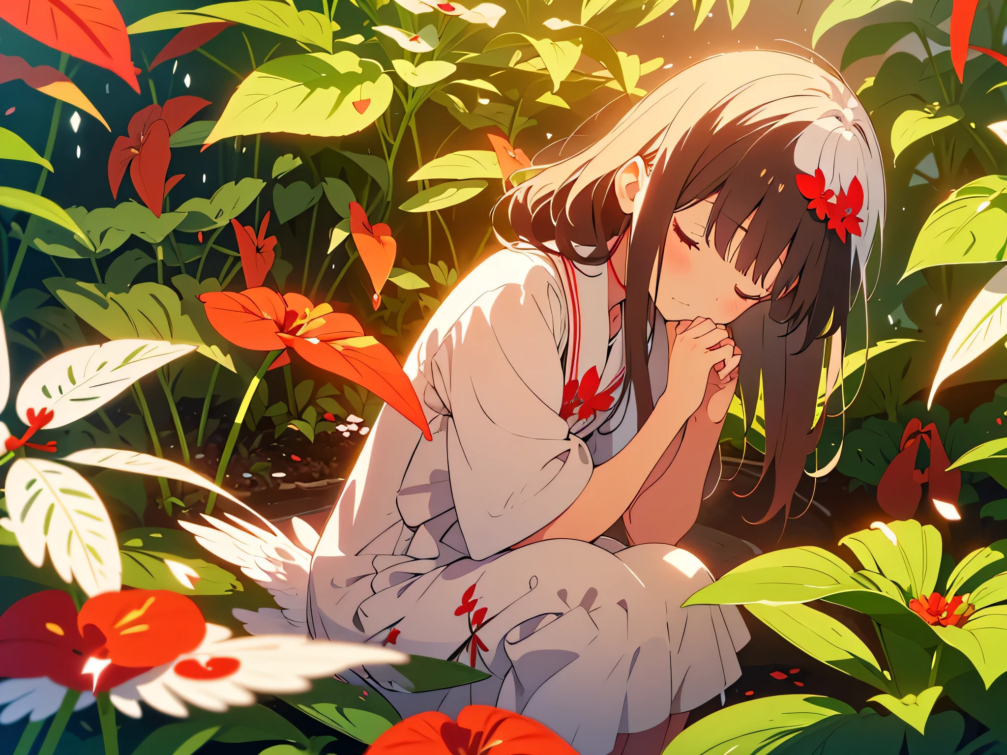 kawaii, anime, Cute, hyper quality, highly detailed, 8k, Clarity, Draw facial expressions in detail, dark brown long hair girl, red anthurium, morning sunshine, expression with closed eyes, sit down in the garden, Plain white frilled dress, love, unrequited love, think about one's thoughts, close both eyes, bright morning sun, small white feathers dance, A close-up of red anthurium flowers in the foreground, anthurium, wet with morning dew,