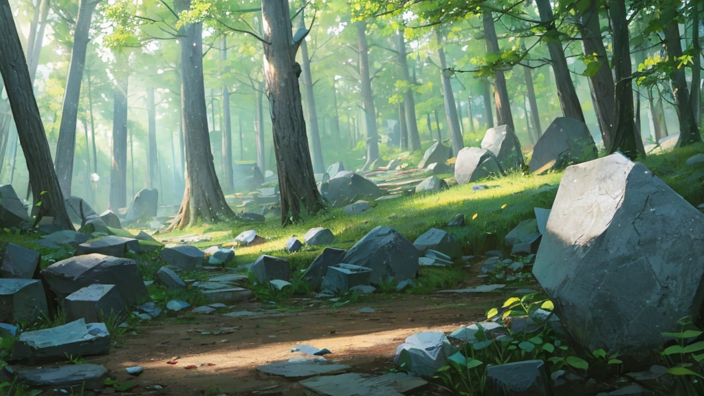 A small broken stone statue in the forest. Nobody is here. Stone fragments are scattered everywhere.