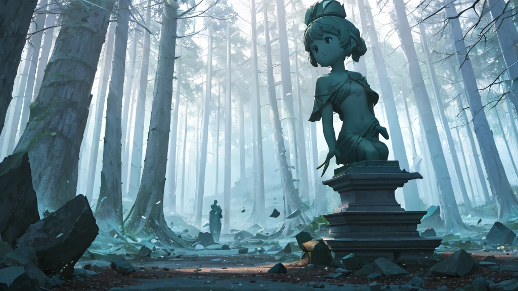 A small broken stone statue in the forest. Nobody is here. Stone fragments are scattered everywhere.