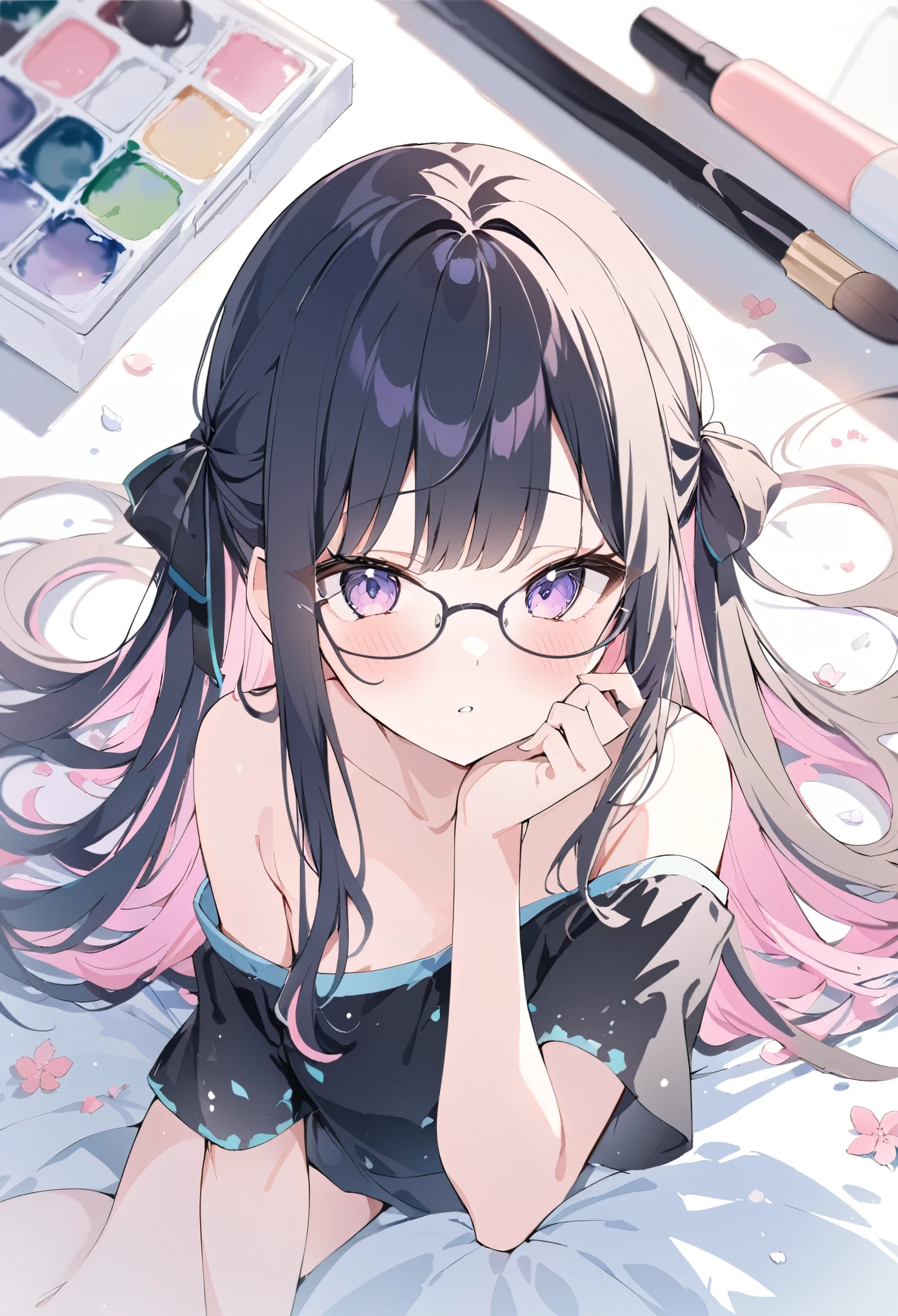 Momoko Sakura Style、8k品質、Intense watercolor, Detailed watercolor art, 水彩splash, Surreal, Avant-garde -yeld gi ((Off-the-shoulder shirt、clothes are exposed、Glasses))、(Black color、Pastel color inner color hairstyle、Hair expressed with a delicate touch), Beautiful Hair, Facial Contour, Remember, ,Hotel, splash, Lens flare、night,illumination、Natural Color, High resolution, Very delicate, Very detailed, 8k,Lying in bed、Shyness,((Sexual)),((Sexy feeling、small tits)),Angle of view from the foot