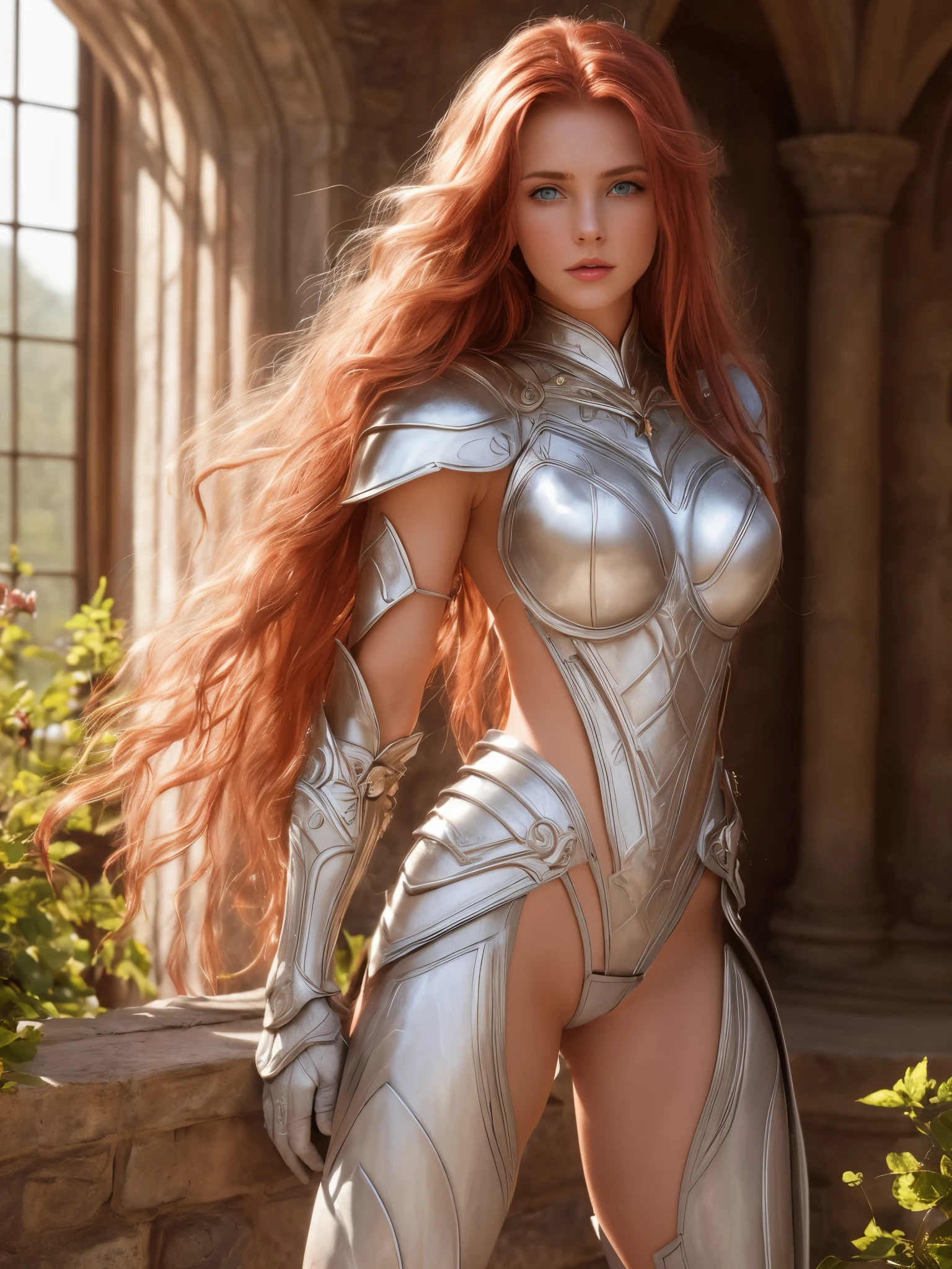 ​masterpiece, a beautiful elf, Adriana Malkova, (wear a fantastic delicate filigrane white armor),  (small breasts), (perfect body), (redhair, length hair), outside, (Skin texture:1.1), best quality, ultra high resolution, RAW-Foto, Contre-Jour, rim light, bright sunlight, film grain:1.2, (warm hue, warmer Ton:1.2), (color photo), Fantasy, high detailed castle background ,indoor, amazing depth, photography