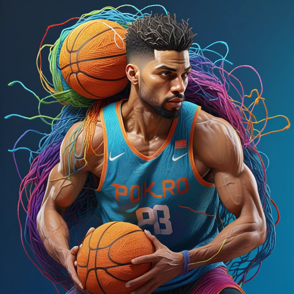 A man playing basketball at the 2024 Olympic Games in Paris, simplistic “yarn art style”, beautiful detailed eyes, beautiful detailed lips, extremely detailed face and body, 1 man, dynamic action pose, colorful textured yarn strands, vibrant colors, soft lighting, detailed background, (best quality, 4k, 8k, highres, masterpiece:1.2), ultra-detailed, (realistic, photorealistic, photo-realistic:1.37), studio lighting, ultra-fine painting, sharp focus, physically-based rendering, extreme detail description, professional, vivid colors, bokeh