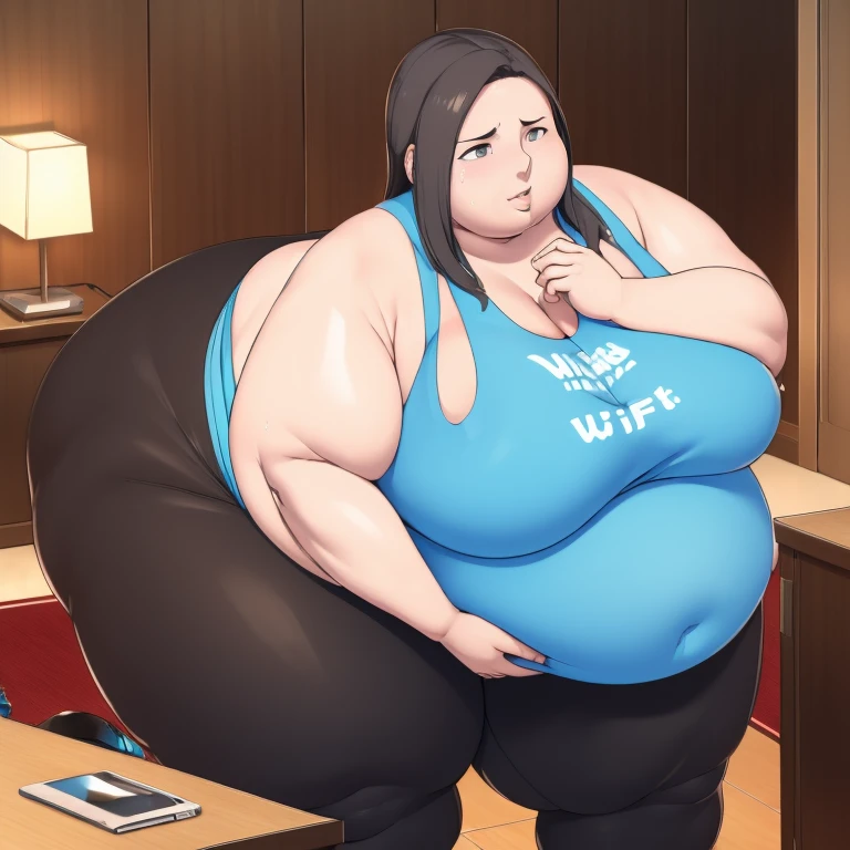 Wii fit trainer, a woman, thick body, extremely white skin, a tall and curvy figure, highres, and a hyper massive voluptuous body. She has large thick fat breasts, (gigantic breasts,  1.5), she has thick breasts, an extremely thick giant fat enormous sexy huge humongous gigantic ass, thick figure. The woman has cute long gray hair, detailed eyes, gray eyes. She has a seductive expression, ahegao expression, moaning. The woman is wearing a large blue tank top and gray yoga pants. She is standing in her bedroom, holding her belly, sweating, moaning, and gaining weight, with a sexy fat body. ((obese, fat, excess fat)), (morbidly obese body:1.5) (fat neck and chin). (Very large thighs) (((Colossal thighs, massive thighs, very large thighs))), full body, masterpiece, (NSFW), (exaggerated proportions), (hentai), (perfect anatomy), ((detailed manga illustration)), (detailed face), (4k wallpaper), (best quality,4k,8k,highres,masterpiece:1.2),ultra-detailed,(realistic,photorealistic,photo-realistic:1.37),HDR,UHD,studio lighting,ultra-fine painting,sharp focus,physically-based rendering,extreme detail description,professional,vivid colors,bokeh,portraits,goth, fantasy