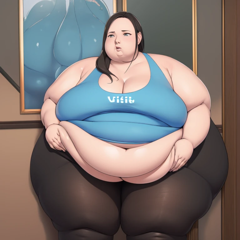 Wii fit trainer, a woman, thick body, extremely white skin, a tall and curvy figure, highres, and a hyper massive voluptuous body. She has large thick fat breasts, (gigantic breasts,  1.5), she has thick breasts, an extremely thick giant fat enormous sexy huge humongous gigantic ass, thick figure. The woman has cute long gray hair, detailed eyes, gray eyes. She has a seductive expression, ahegao expression, moaning. The woman is wearing a large blue tank top and gray yoga pants. She is standing in her bedroom, holding her belly, sweating, moaning, and gaining weight, with a sexy fat body. ((obese, fat, excess fat)), (morbidly obese body:1.5) (fat neck and chin). (Very large thighs) (((Colossal thighs, massive thighs, very large thighs))), full body, masterpiece, (NSFW), (exaggerated proportions), (hentai), (perfect anatomy), ((detailed manga illustration)), (detailed face), (4k wallpaper), (best quality,4k,8k,highres,masterpiece:1.2),ultra-detailed,(realistic,photorealistic,photo-realistic:1.37),HDR,UHD,studio lighting,ultra-fine painting,sharp focus,physically-based rendering,extreme detail description,professional,vivid colors,bokeh,portraits,goth, fantasy