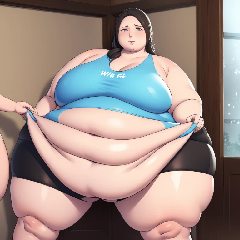 Wii fit trainer, a woman, thick body, extremely white skin, a tall and curvy figure, highres, and a hyper massive voluptuous body. She has large thick fat breasts, (gigantic breasts, 1.5), she has thick breasts, an extremely thick giant fat enormous sexy huge humongous gigantic ass, thick figure. The woman has cute long gray hair, detailed eyes, gray eyes. She has a seductive expression, ahegao expression, moaning. The woman is wearing a large blue tank top and gray yoga pants. She is standing in her bedroom, holding her belly, sweating, moaning, and gaining weight, with a sexy fat body. ((obese, fat, excess fat)), (morbidly obese body:1.5) (fat neck and chin). (Very large thighs) (((Colossal thighs, massive thighs, very large thighs))), full body, masterpiece, (NSFW), (exaggerated proportions), (hentai), (perfect anatomy), ((detailed manga illustration)), (detailed face), (4k wallpaper), (best quality,4k,8k,highres,masterpiece:1.2),ultra-detailed,(realistic,photorealistic,photo-realistic:1.37),HDR,UHD,studio lighting,ultra-fine painting,sharp focus,physically-based rendering,extreme detail description,professional,vivid colors,bokeh,portraits,goth, fantasy