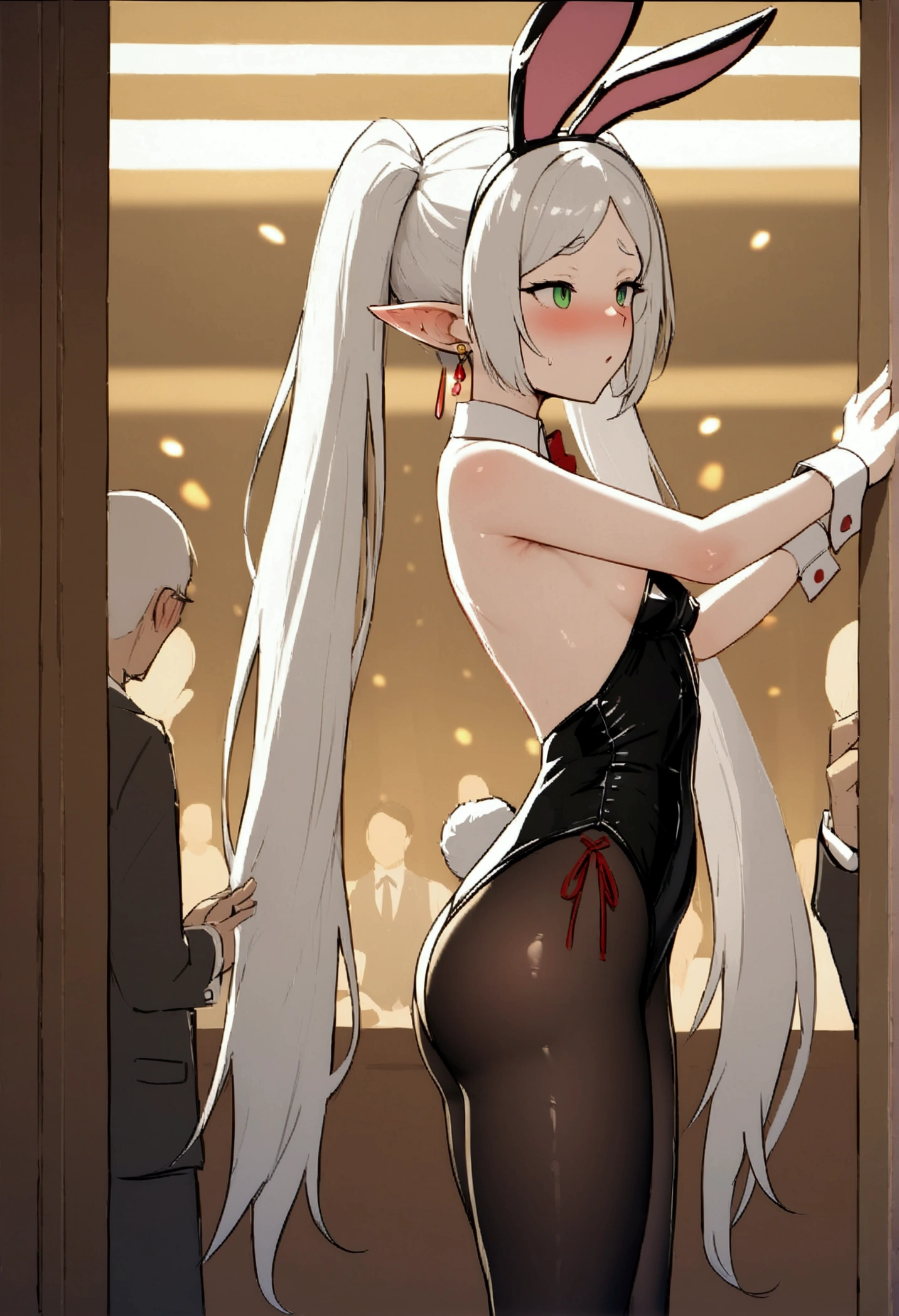 NSFW,masterpiece,Highest quality,High resolution,Very detailed,Frielen\(葬送のFrielen\),Pointed Ears,Green Eyes,Twin tails,very long hair of white color,, Earrings,Playboy Bunny,Black Pantyhose,Small breasts,casino,blush,sake,Serve customers,A large number of people,A man touches his butt,Committing sexual harassment,Molestation,Body touch,From the side