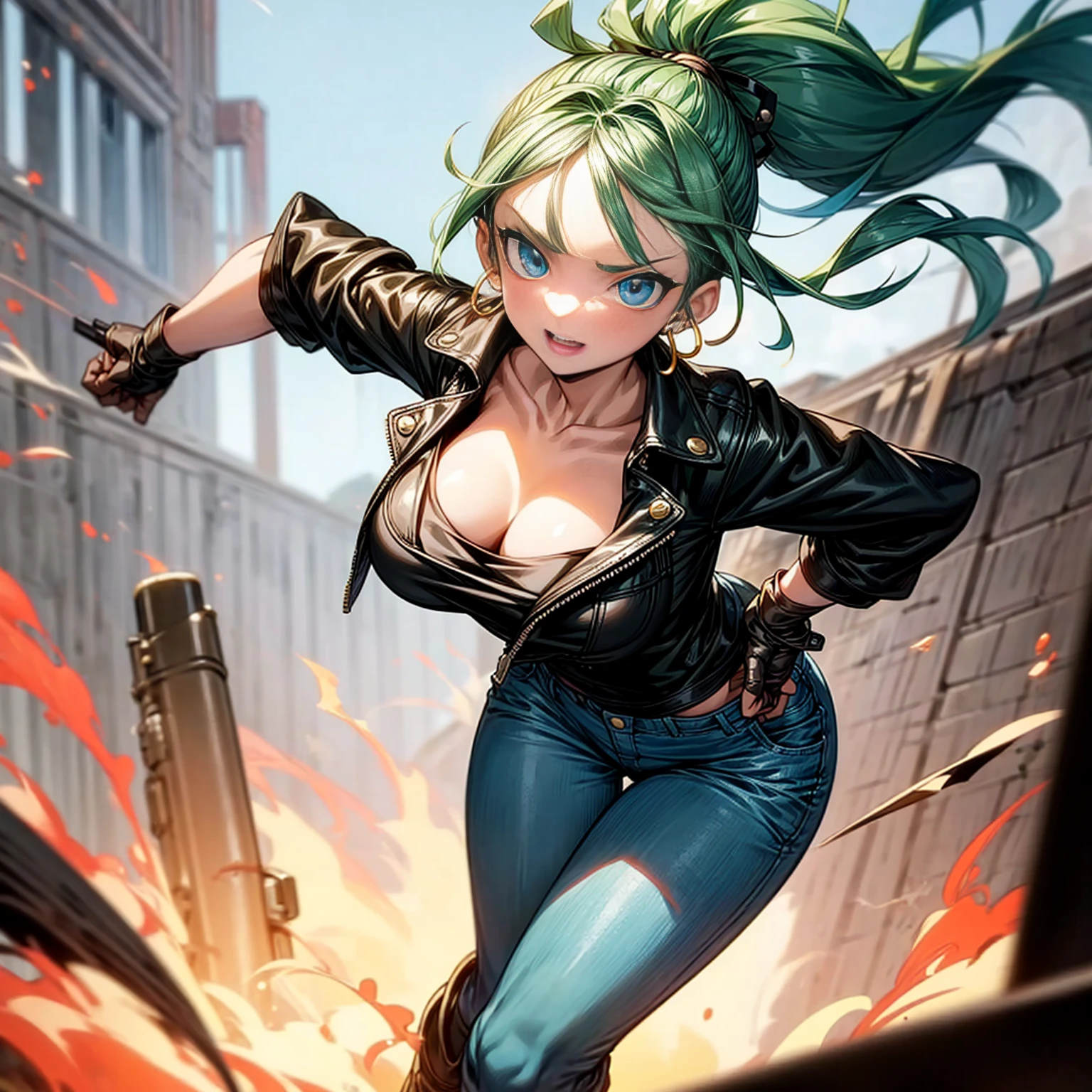 Solo character, young girl, full body version, blue eyes, green hair, long Curly hairstyle, ponytail, black t-shirt, brown leather jacket, long jeans, white boots, gloves, big breasts, Grassroots, background in street city, evening day, (one piece style art), standing battle gesture, handgun in hand, smoke effect, fire effect, blood on background, happy eyes, Hoop earrings 